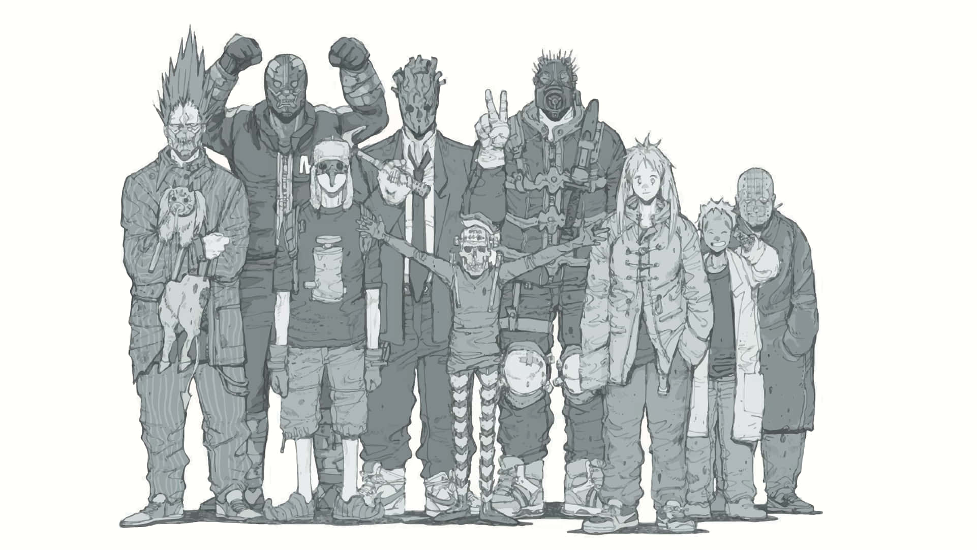 Dorohedoro, monochrome illustration, stylized characters, Full HD Desktop Wallpaper