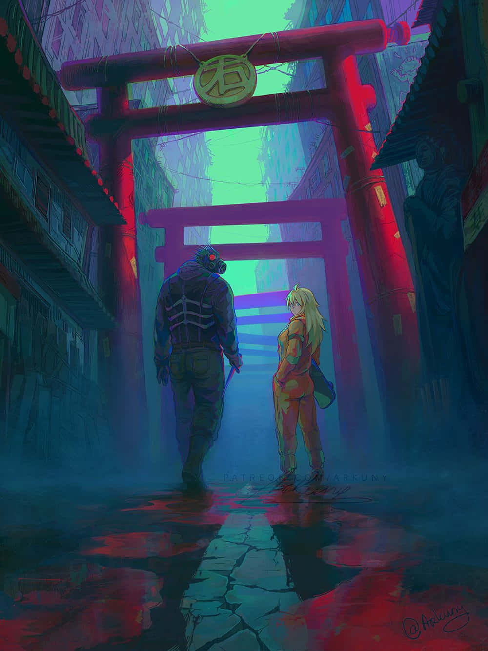 Dorohedoro, glowing red torii gate, neon-drenched cyberpunk alleyway, HD Phone Wallpaper