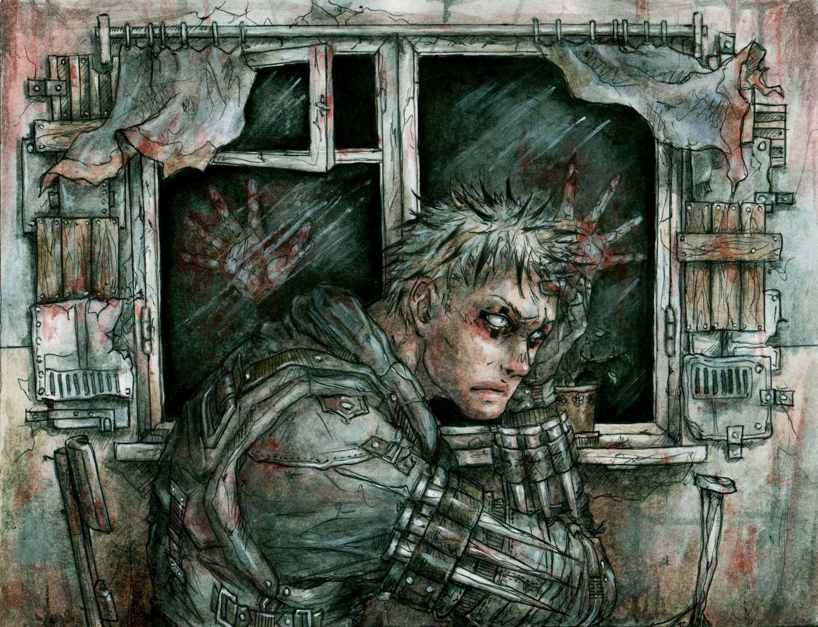 Dorohedoro, weary warrior, bloodied face, 2K Desktop Wallpaper