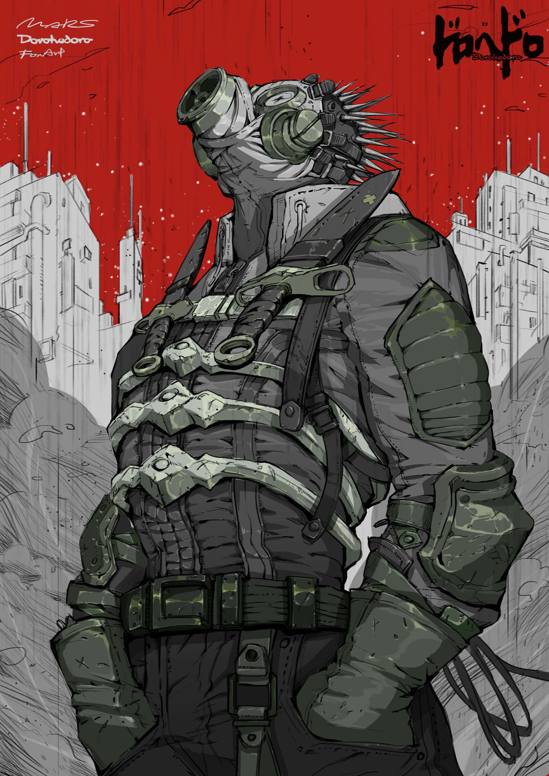 Dorohedoro, blood-red sky, ruined cityscape, 2K Phone Wallpaper