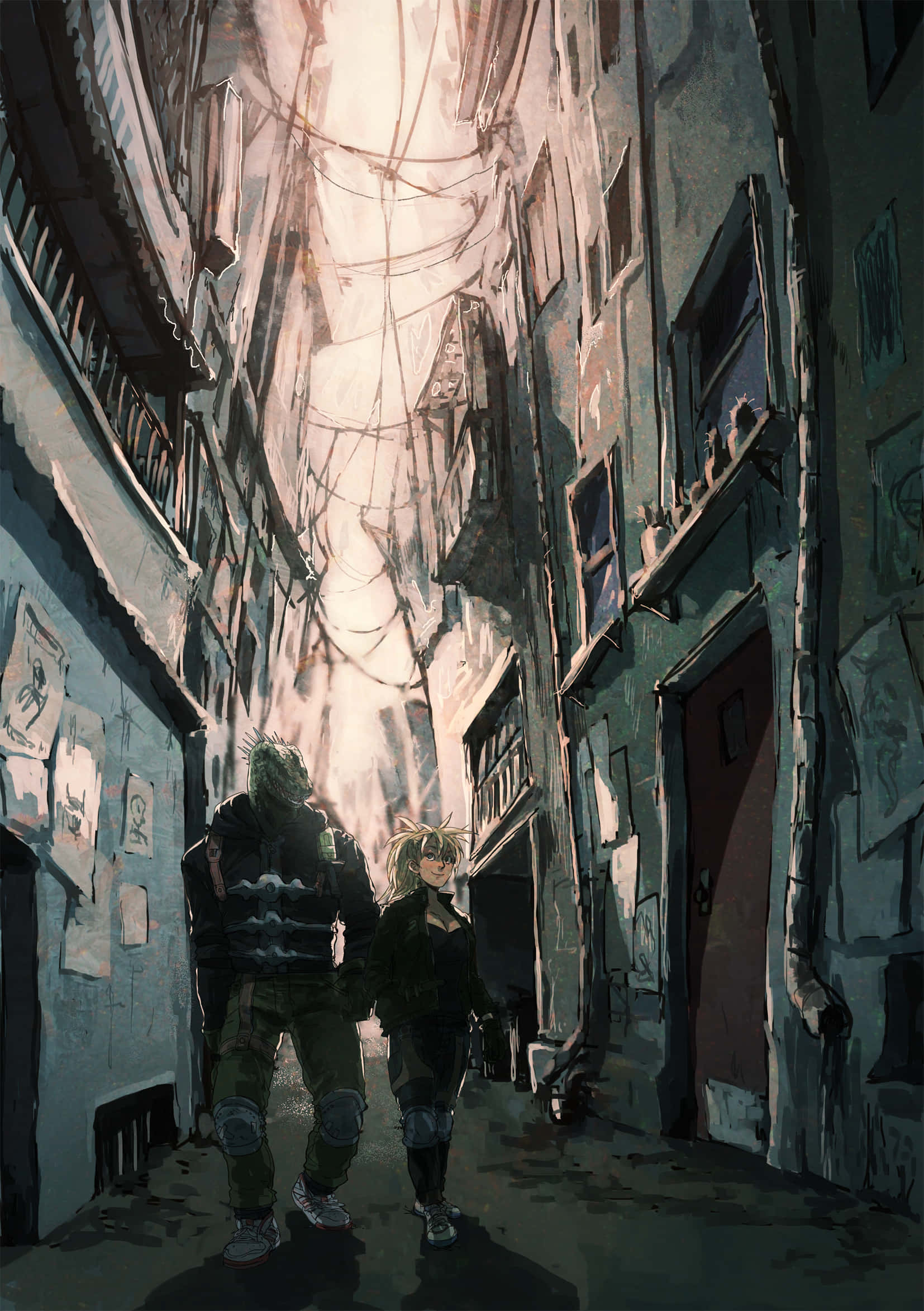 Dorohedoro, glowing, web-like sky, narrow, decaying alleyway, Full HD Phone Wallpaper
