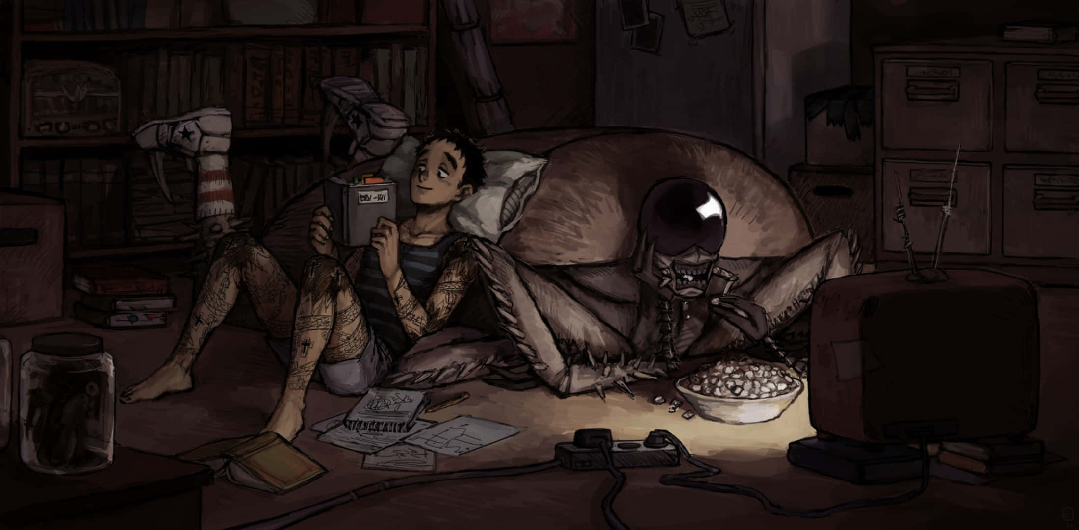 Dorohedoro, tattooed boy, monstrous creature, Full HD Desktop Wallpaper