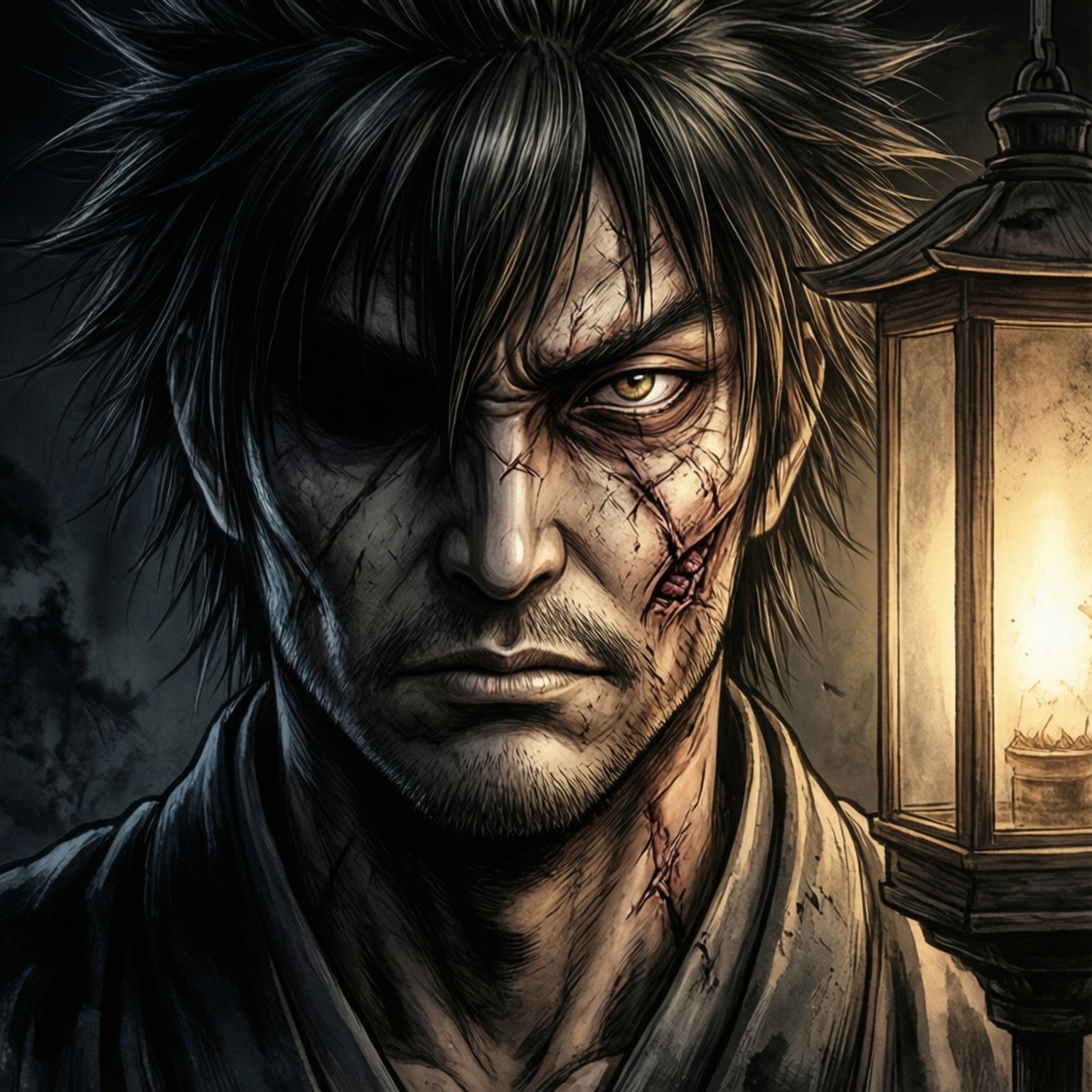scarred samurai warrior, glowing eye, flickering lantern, HD Desktop Wallpaper
