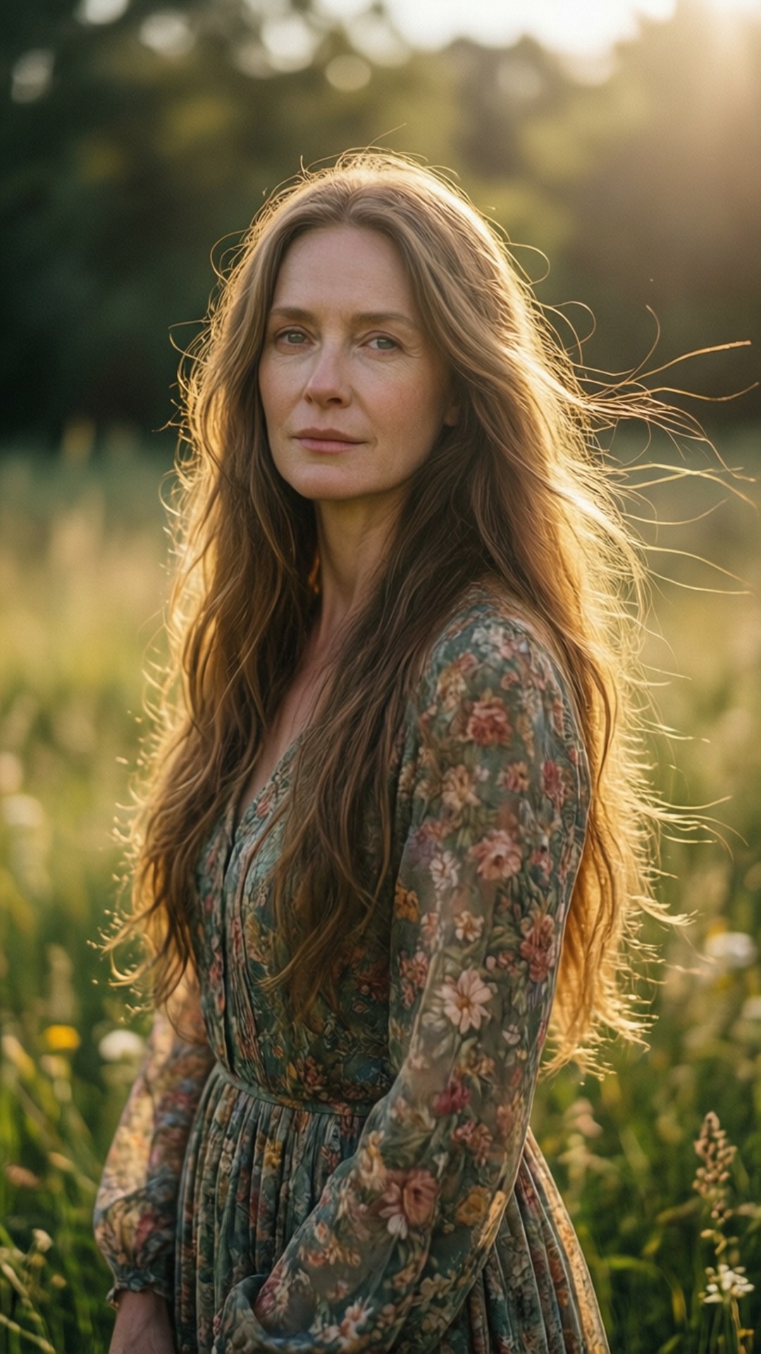 Dorothy Unsworth, sunlit meadow, floral dress, Full HD Phone Wallpaper