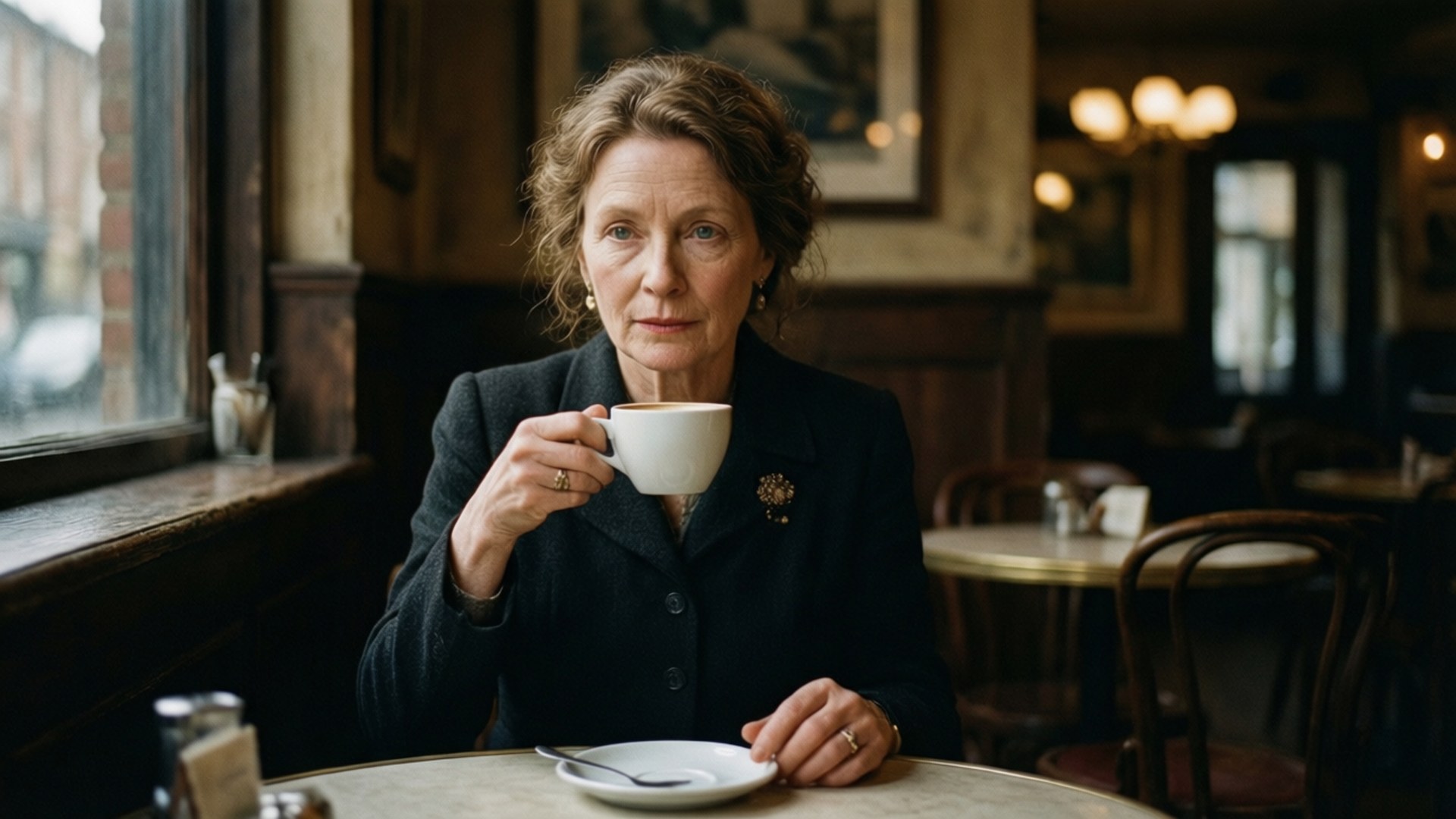 Dorothy Unsworth, vintage café, moody lighting, Full HD Desktop Wallpaper