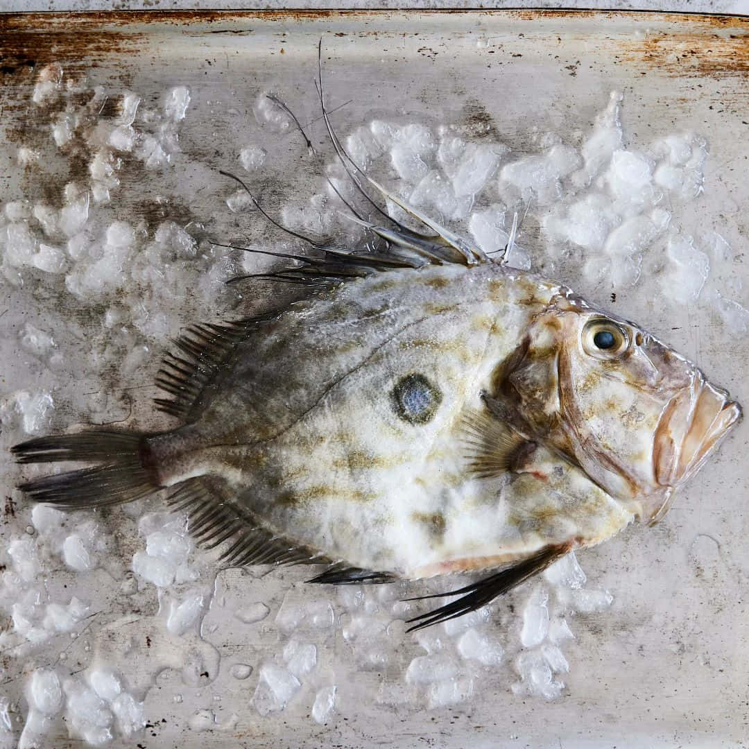 Doryfish, crushed ice, rusty metal tray, SD Desktop Wallpaper