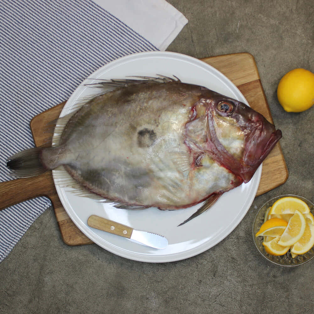 Doryfish, cutting board, white plate, SD Desktop Wallpaper