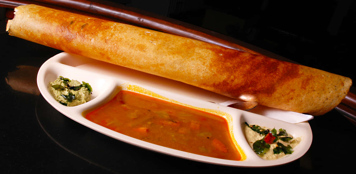 crispy dosa, white plate, vibrant orange sambar, HD Desktop Wallpaper