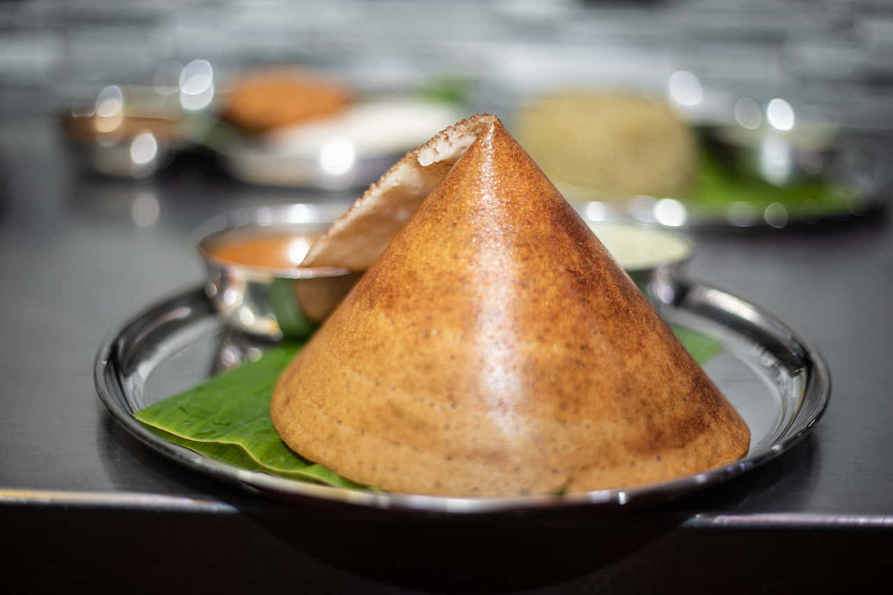 cone-shaped dosa, green leaf, silver plate, HD Desktop Wallpaper