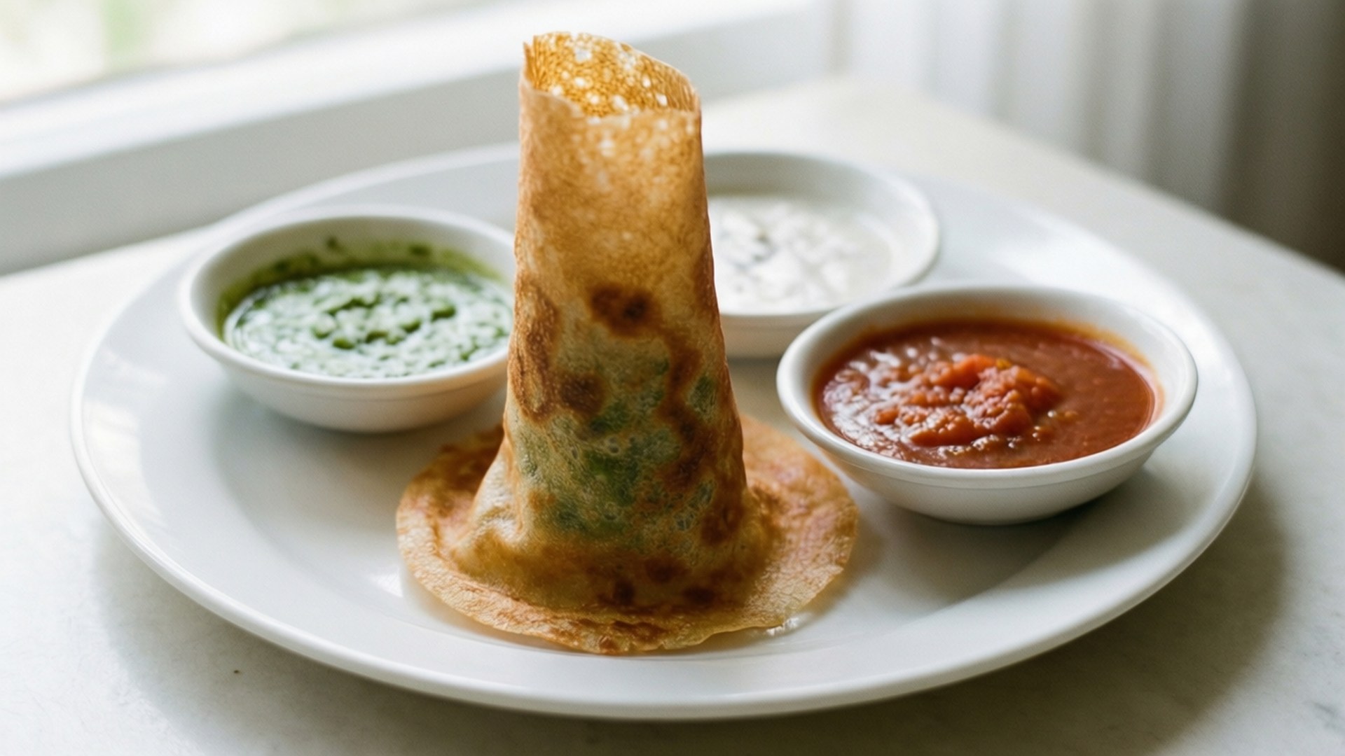 Cone Dosa Platter, golden-brown rolled crepe, white plate, Full HD Desktop Wallpaper