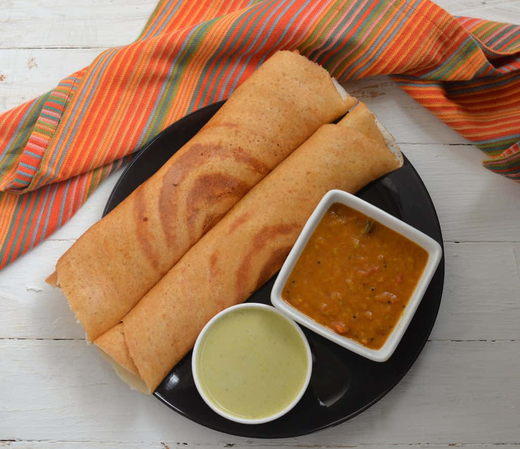 golden-brown rolled dosas, vibrant orange chutney, pale green coconut chutney, SD Desktop Wallpaper