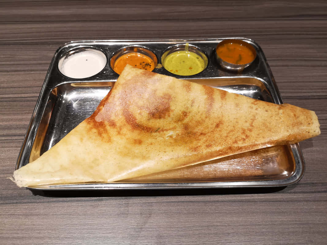 crispy dosa, metal tray, colorful chutneys, SD Desktop Wallpaper