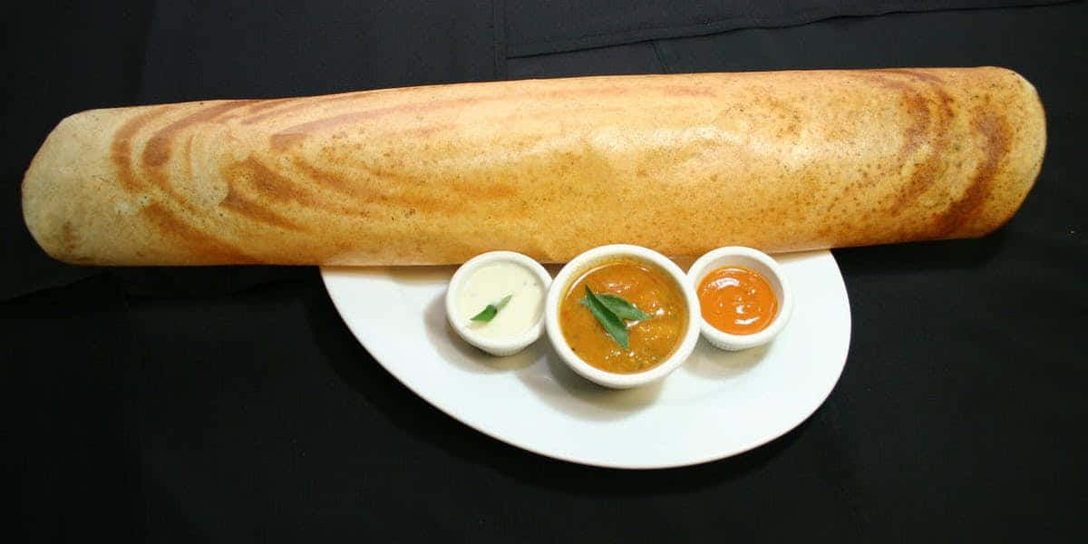 crispy plain dosa, white plate, three small bowls, SD Desktop Wallpaper