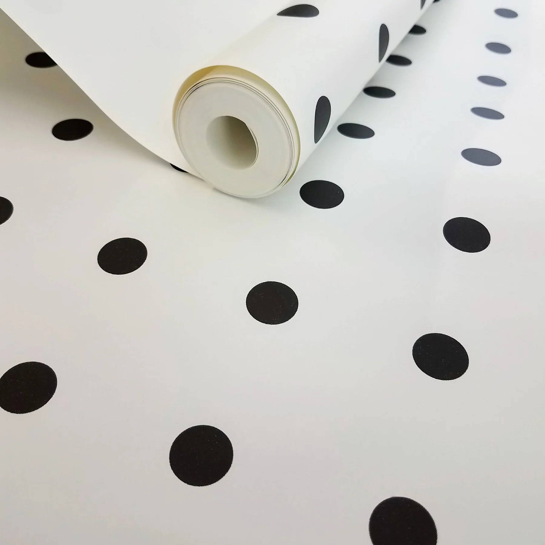 black polka dots, white wallpaper, roll, HD Desktop Wallpaper