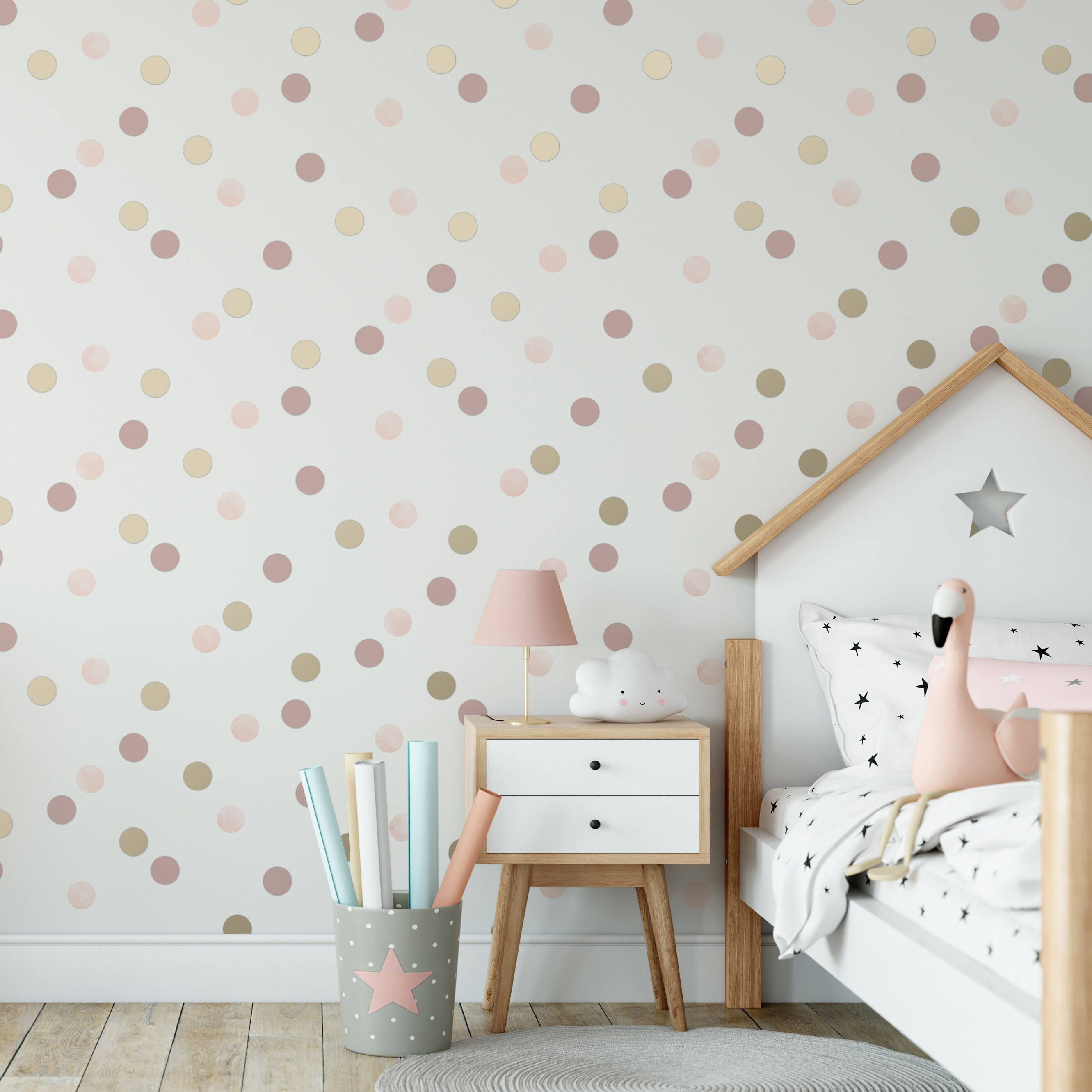 polka dots, pastel polka dot wallpaper, child's bedroom, 2K Desktop Wallpaper