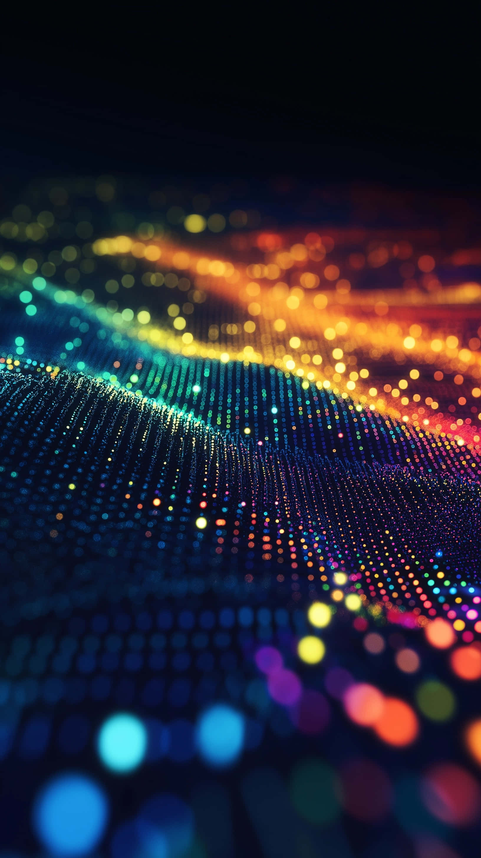 multicolored glowing dots, dynamic wave, dark surface, 2K Phone Wallpaper