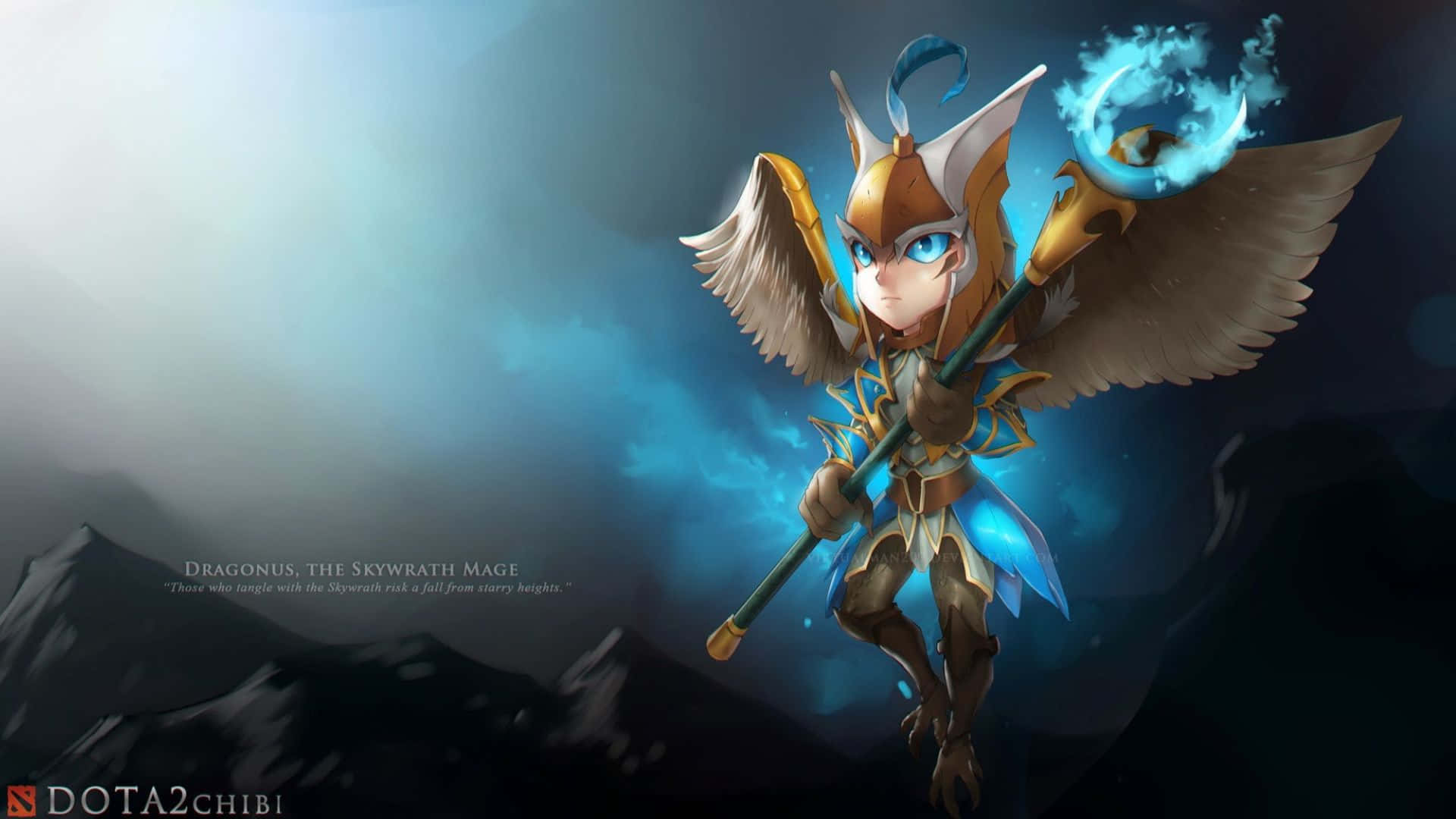 chibi-style skywrath mage, wings, glowing staff, Full HD Desktop Wallpaper