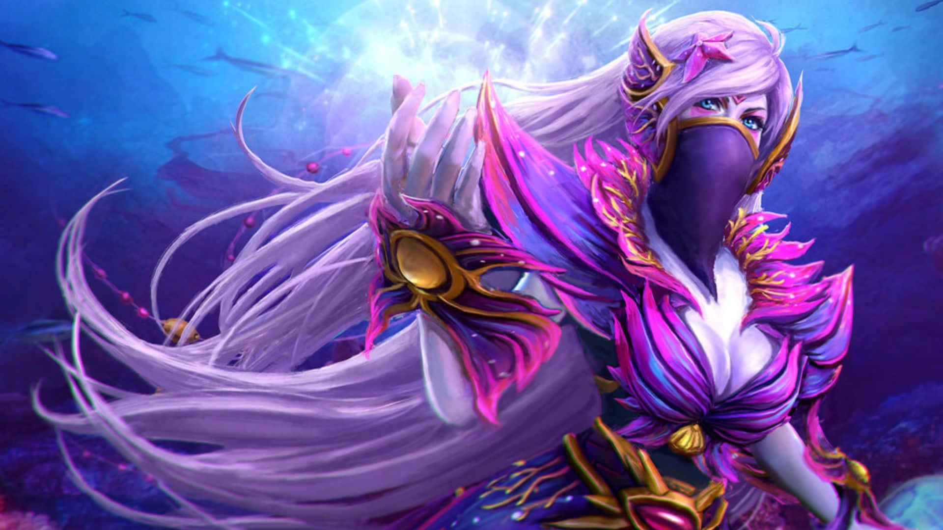 Dota 2 Heroes, mystical purple-haired warrior, ornate armor, Full HD Desktop Wallpaper