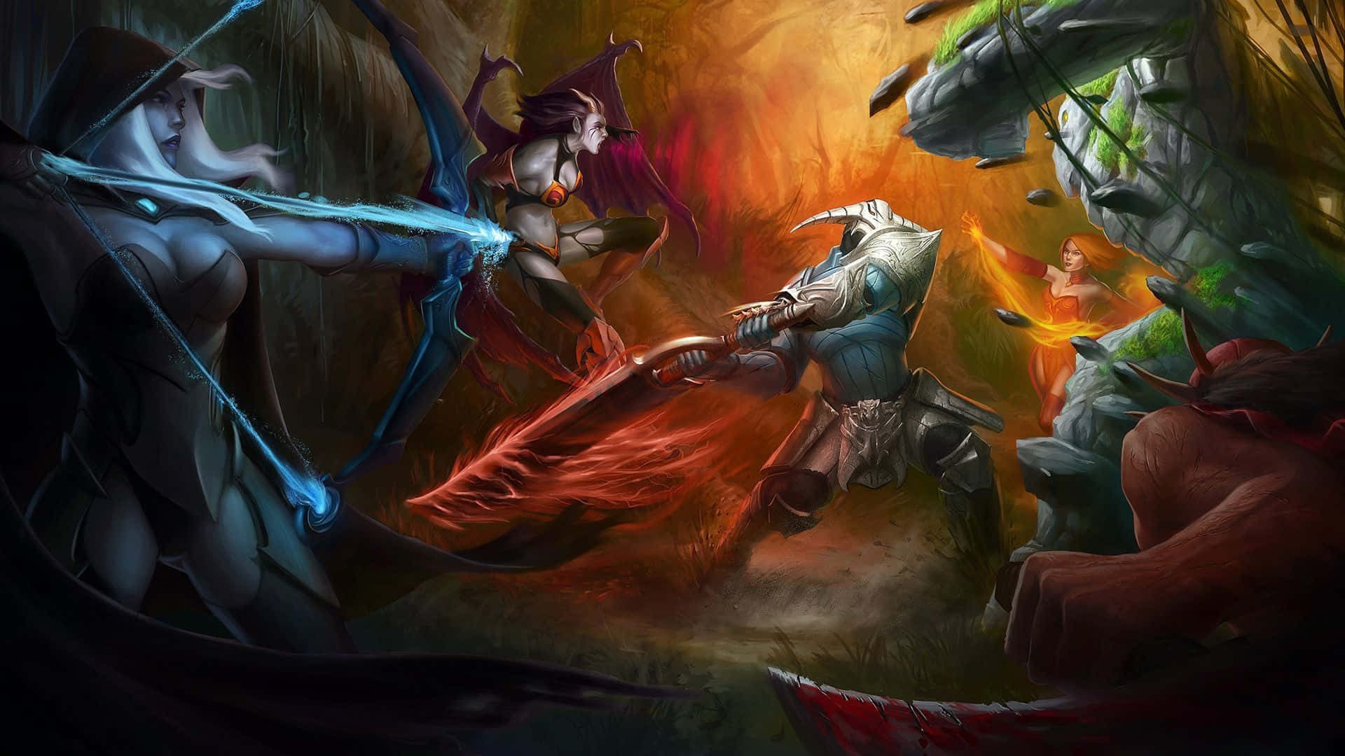 Dota 2 Heroes, fiery cavern, glowing weapons, Full HD Desktop Wallpaper