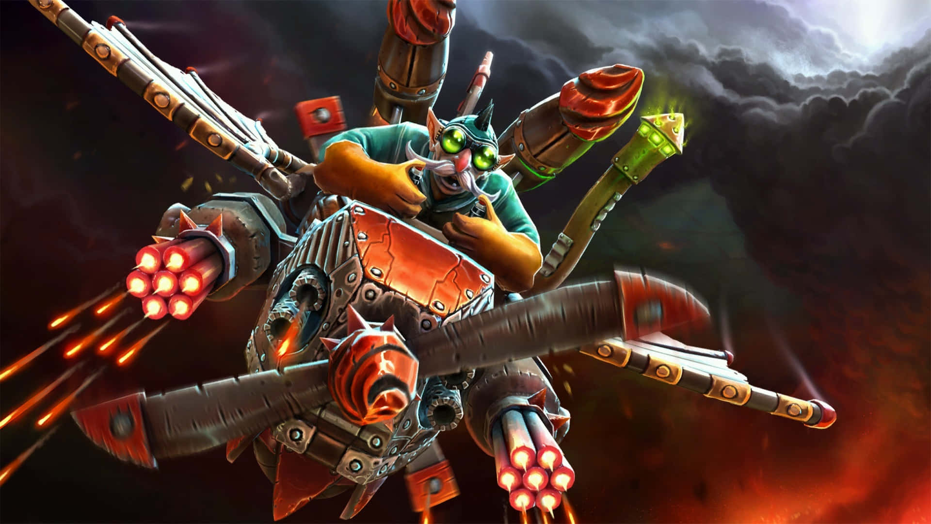 Dota 2 Heroes, green-eyed goblin pilot, mechanical flying machine, Full HD Desktop Wallpaper