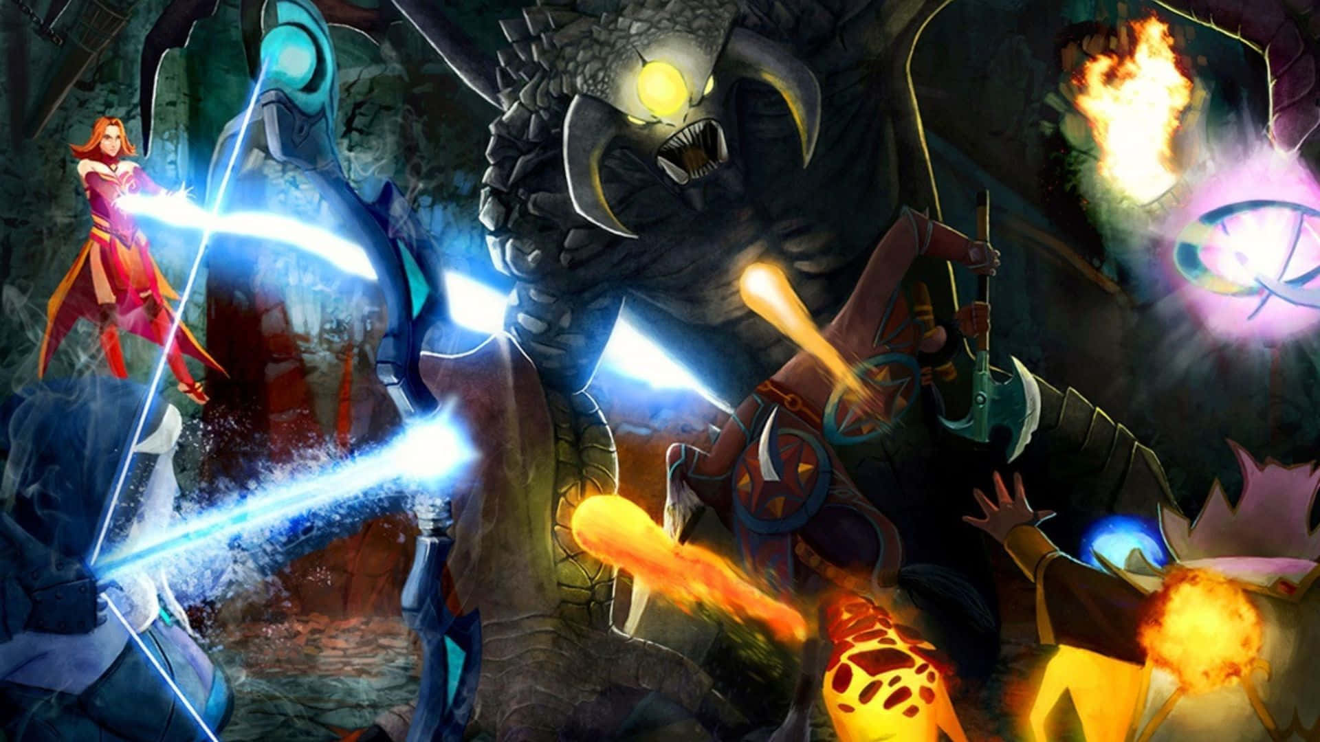 Dota 2 Heroes, glowing magic, fiery blasts, Full HD Desktop Wallpaper