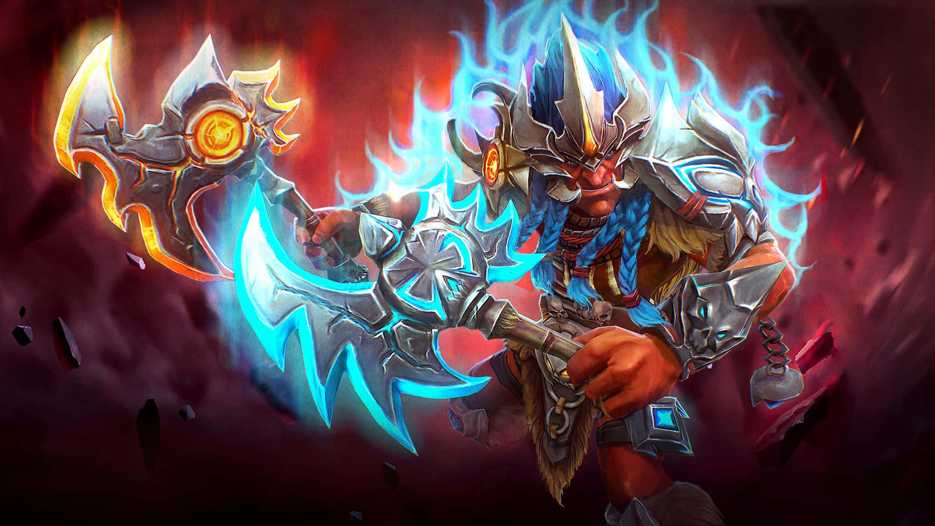 Dota 2 Heroes, glowing blue axe, fiery hammer, Full HD Desktop Wallpaper