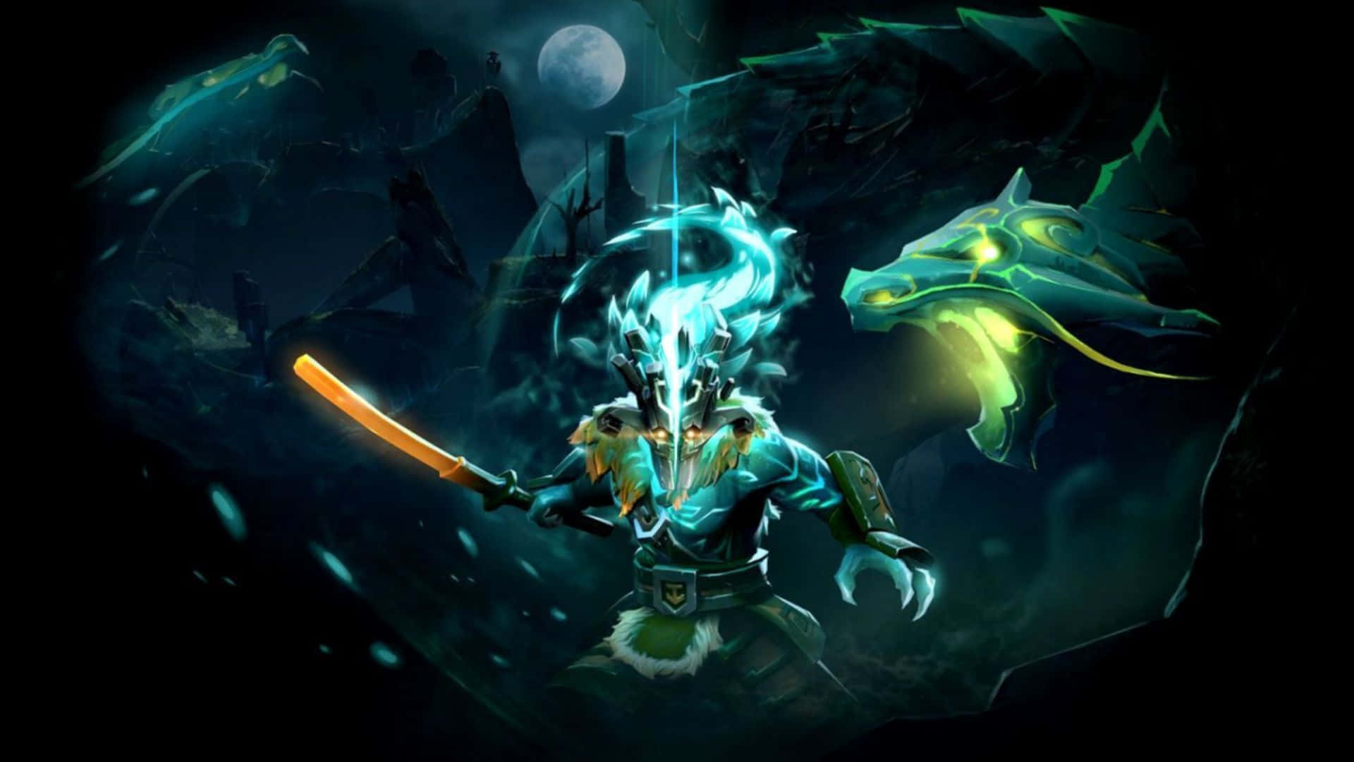 Dota 2 Heroes, glowing blue armored warrior, fiery sword, Full HD Desktop Wallpaper