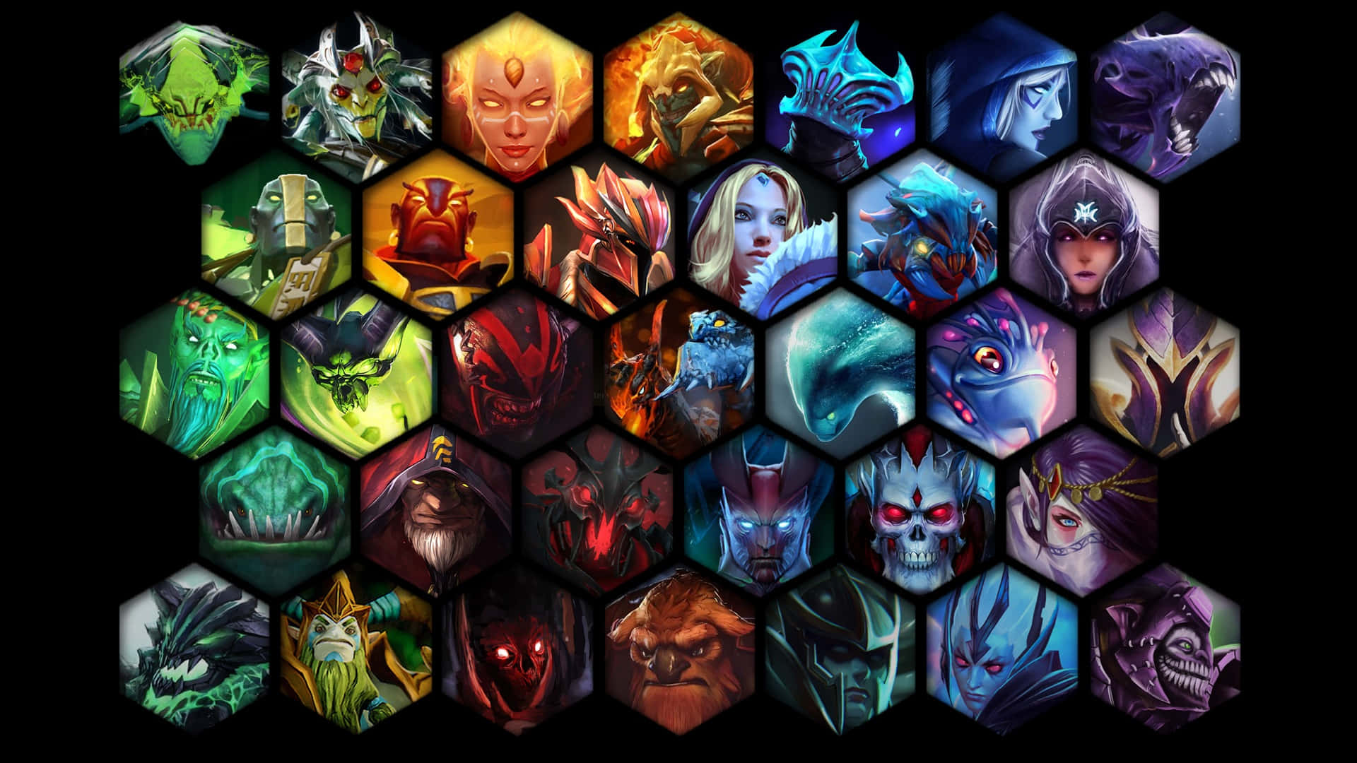 Dota 2 Heroes, fantasy game characters, hexagonal frames, Full HD Desktop Wallpaper