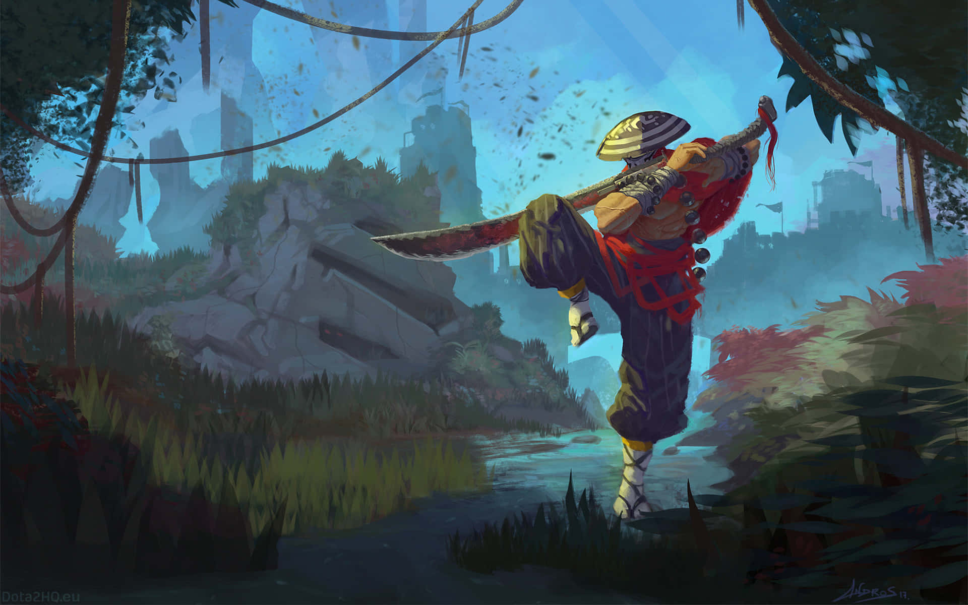 Dota 2 Juggernaut, red and gold armor, misty river, Full HD Desktop Wallpaper