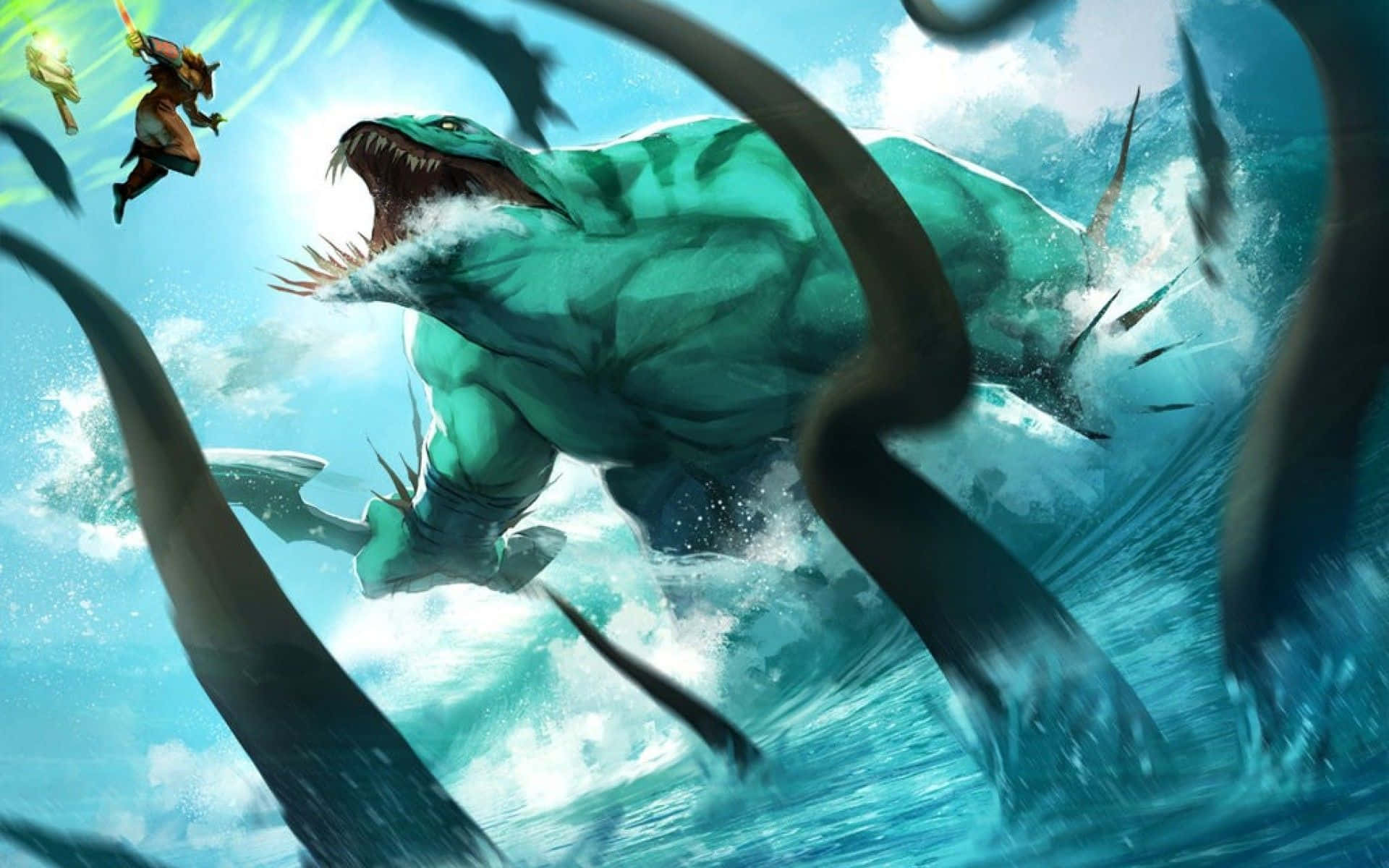Dota 2 Juggernaut, stormy skies, massive green sea monster, Full HD Desktop Wallpaper