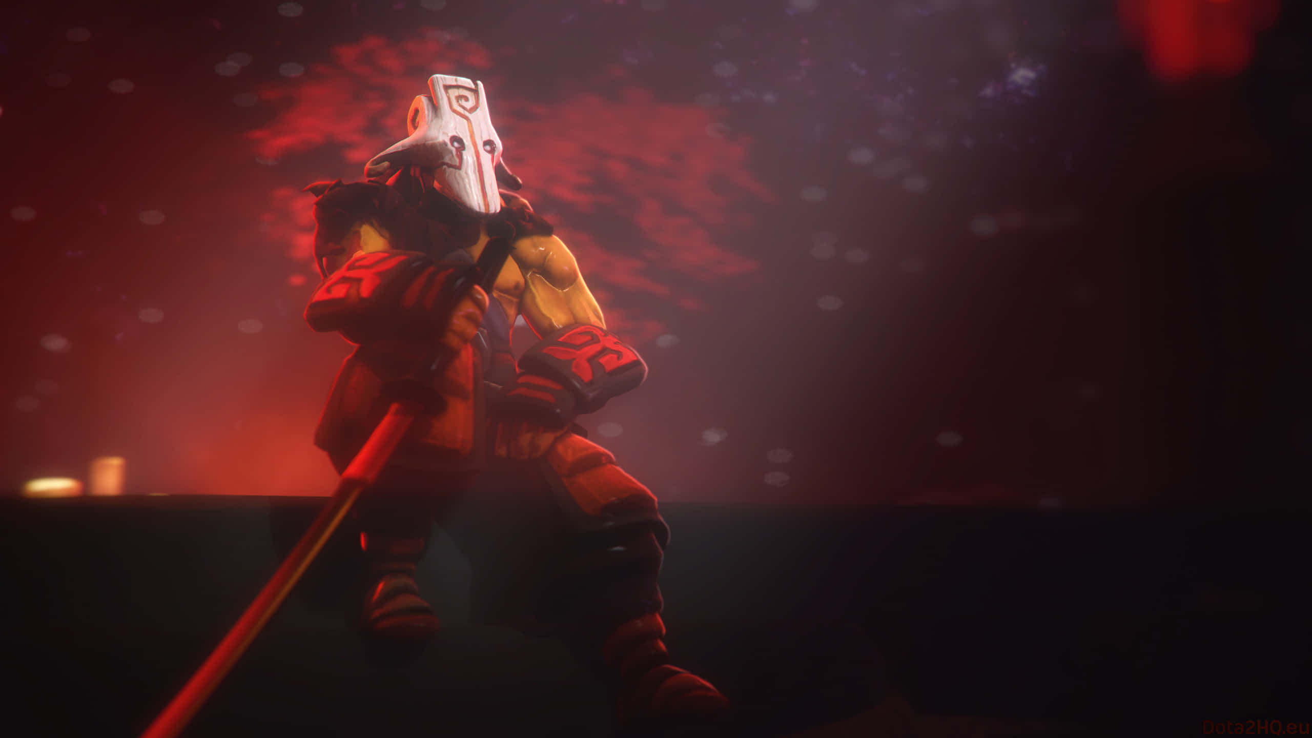 Dota 2 Juggernaut, red and gold armor, glowing staff, 2K Desktop Wallpaper