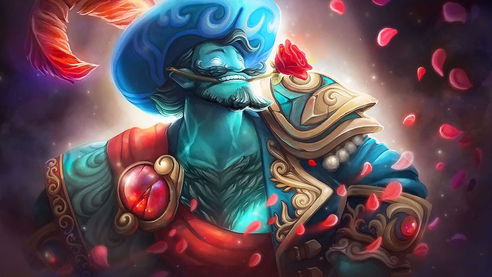 Dota 2 Juggernaut, blue-skinned genie, feathered hat, Full HD Desktop Wallpaper