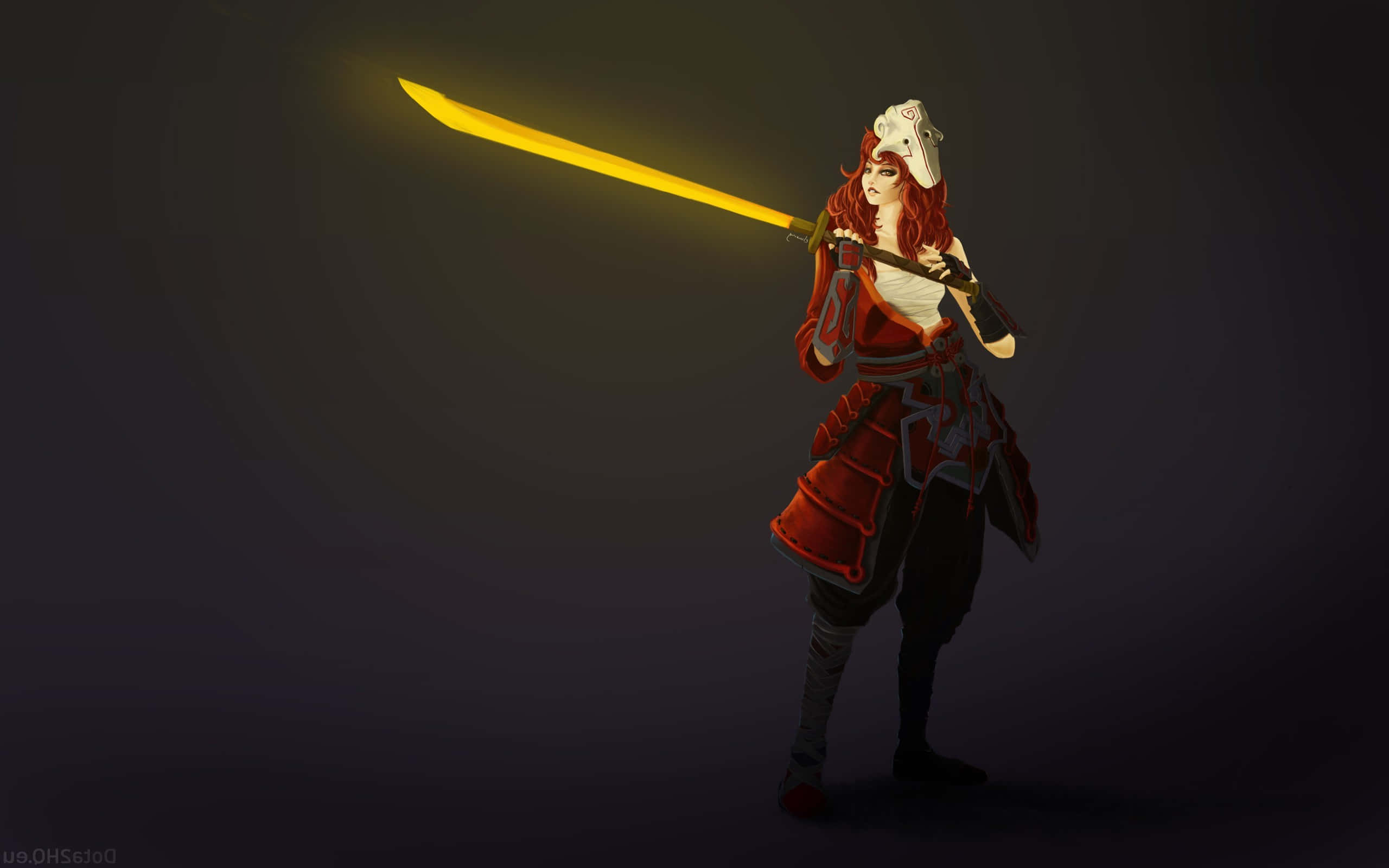 Dota 2 Juggernaut, red hair, glowing yellow sword, 2K Desktop Wallpaper