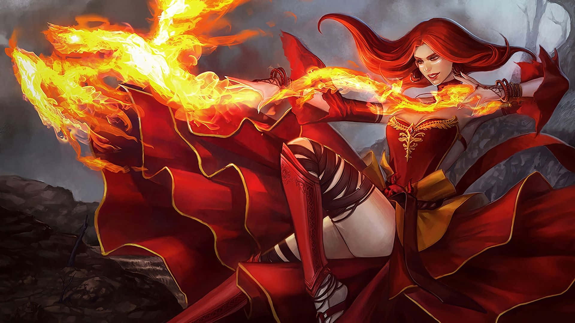 Dota 2, Lina, fiery red-haired warrior, Full HD Desktop Wallpaper
