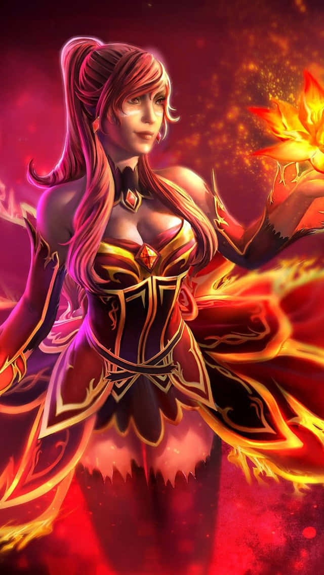 Dota 2, fiery-haired female mage, red and gold armor, SD Phone Wallpaper