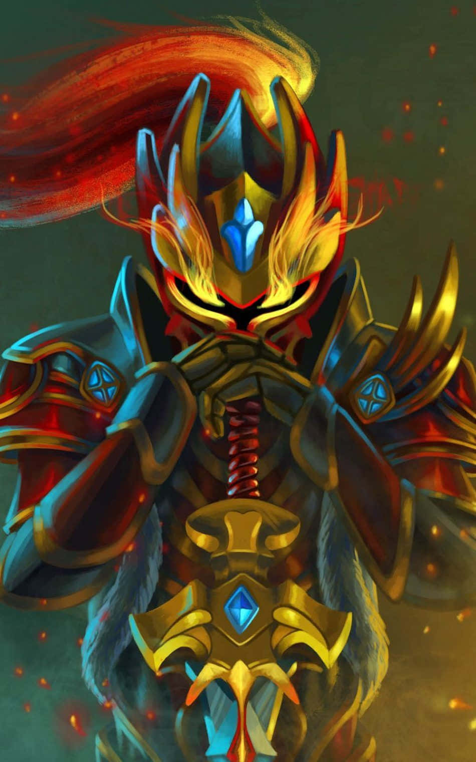Dota 2, fiery armored warrior, glowing blue gems, HD Phone Wallpaper