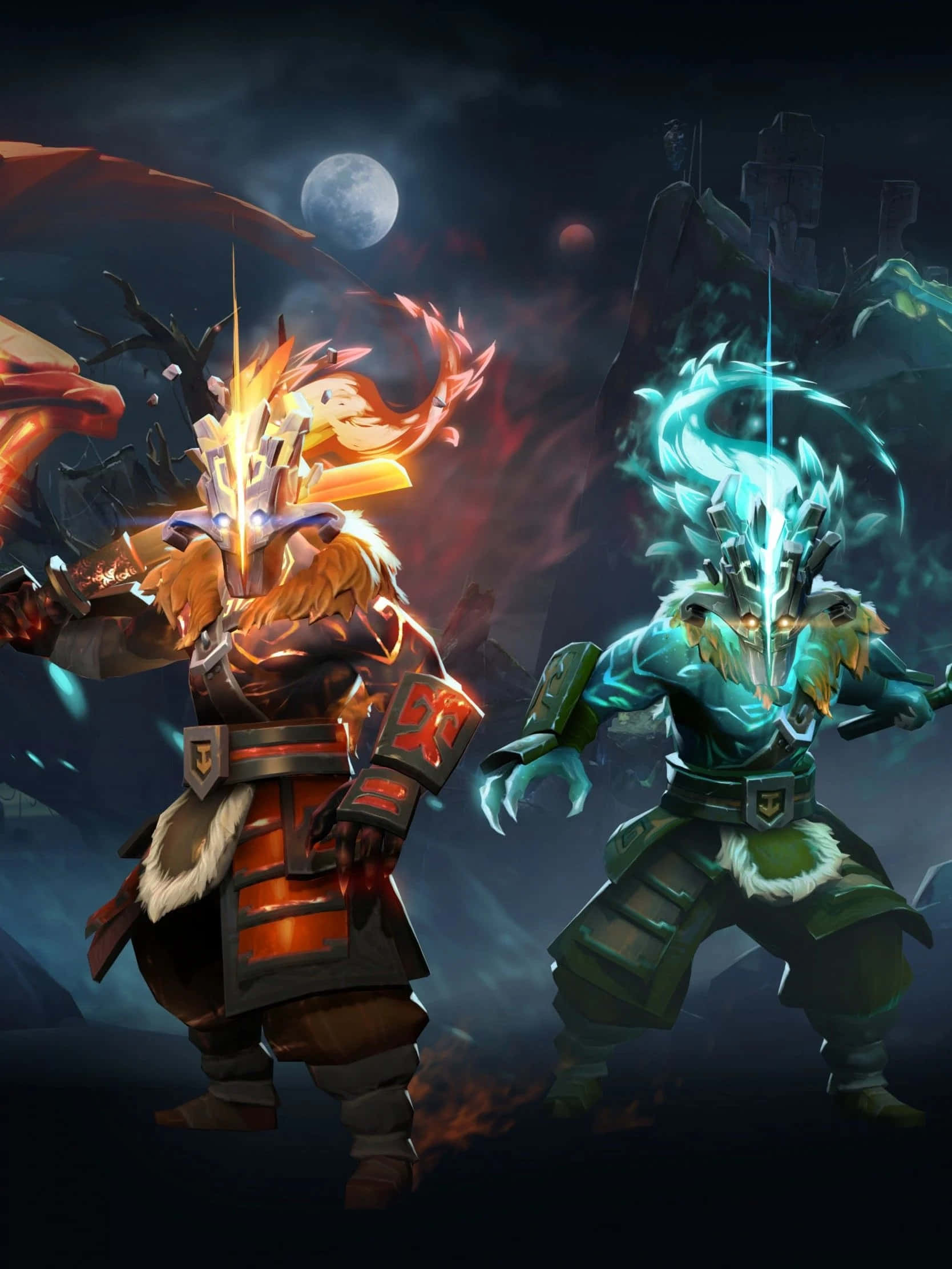 Dota 2, moonlit sky, fiery orange energy, Full HD Phone Wallpaper
