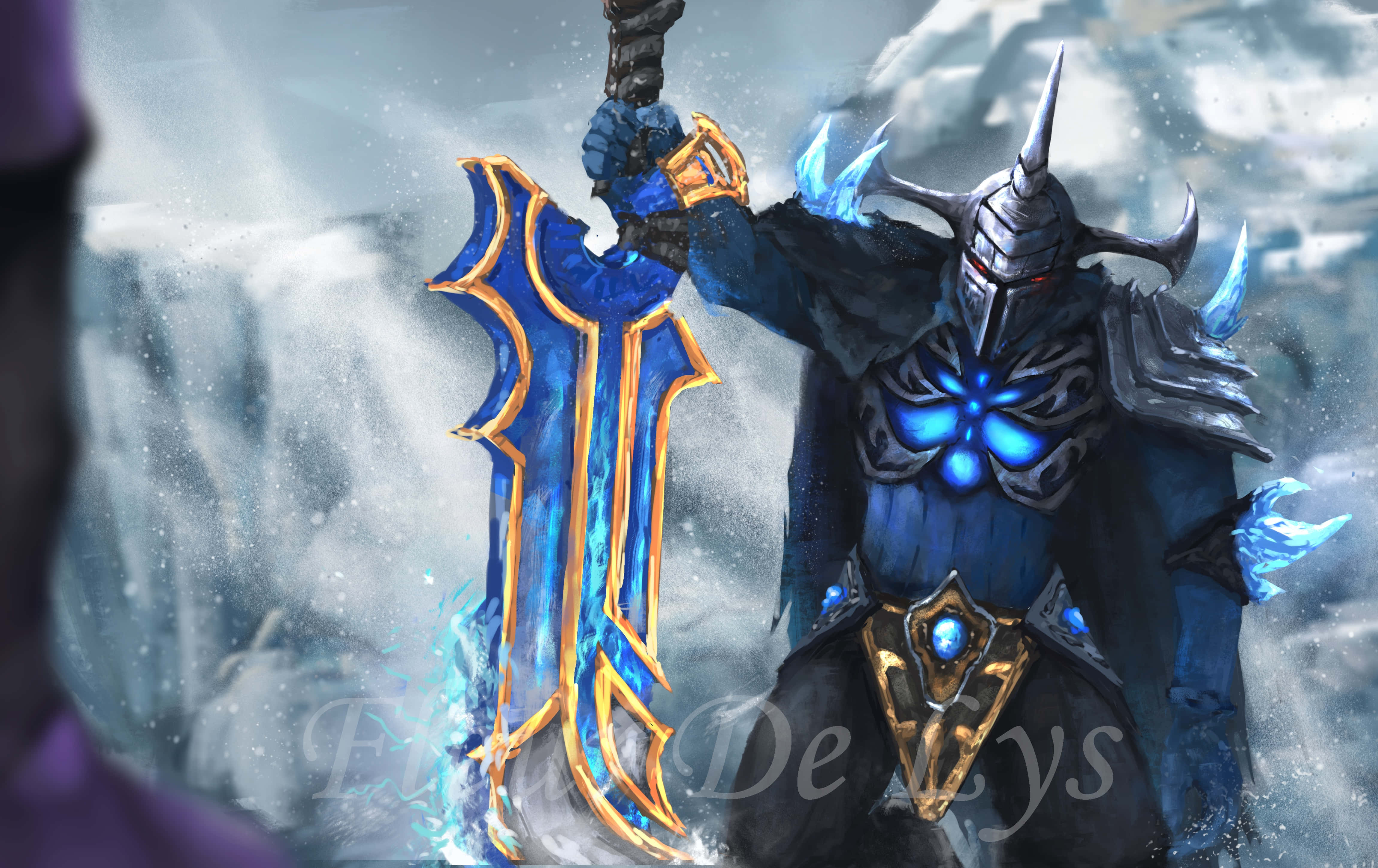 Dota 2 Sven, glowing blue and gold sword, snowy mountainous landscape, 4K Desktop Wallpaper
