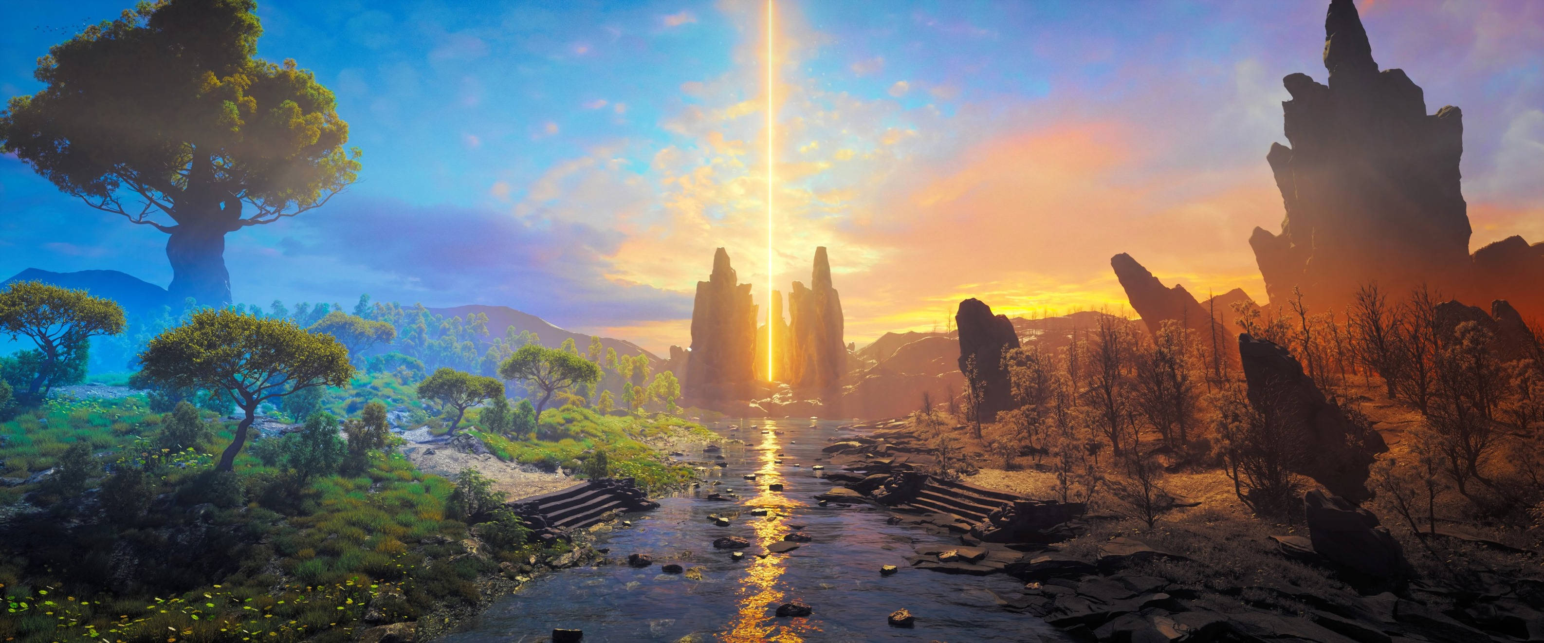 3D animated riverside, DOTA 2, surreal canyon landscape, 2K Desktop Wallpaper