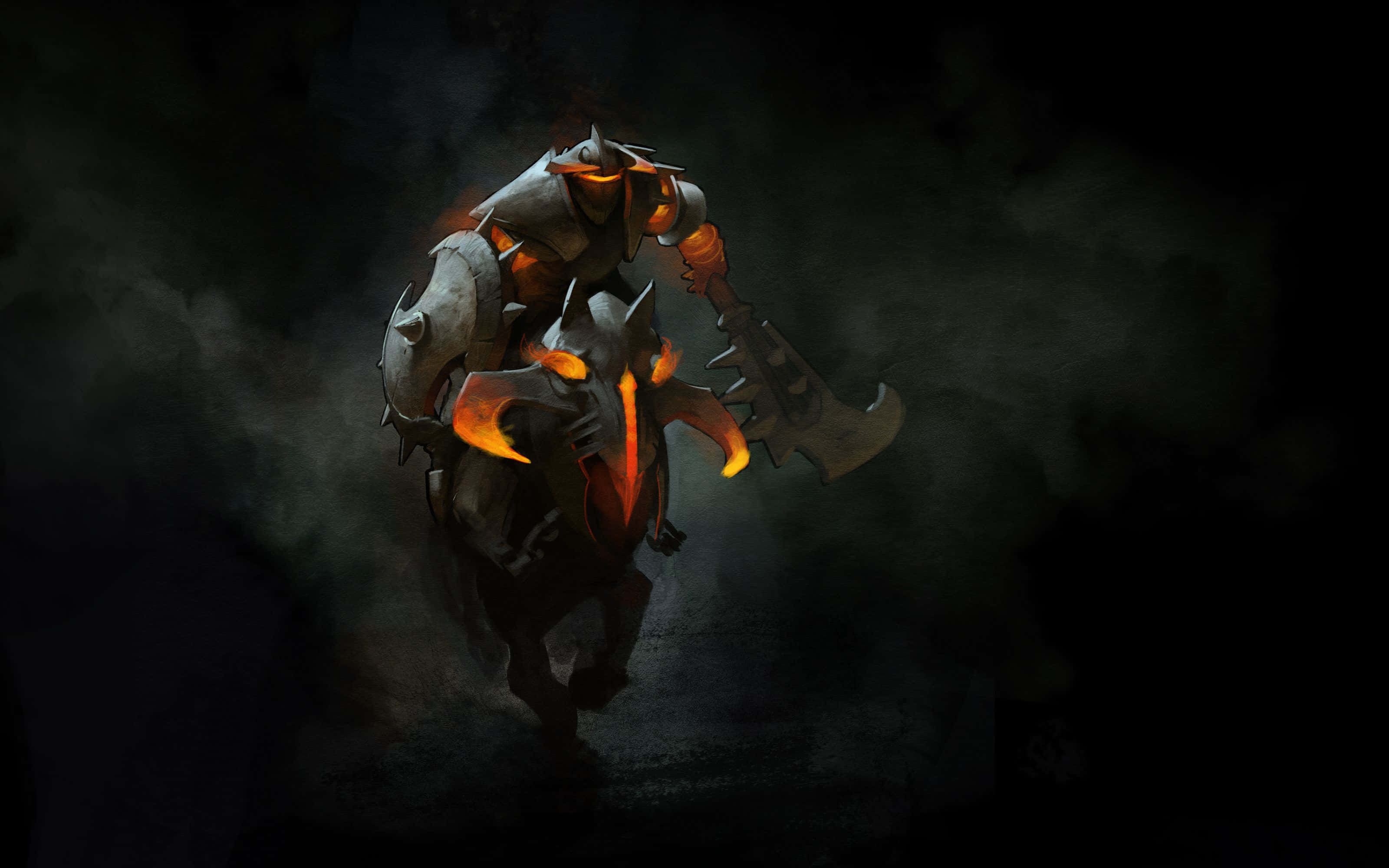 Dota, dark armored warrior, glowing orange eyes, 2K Desktop Wallpaper