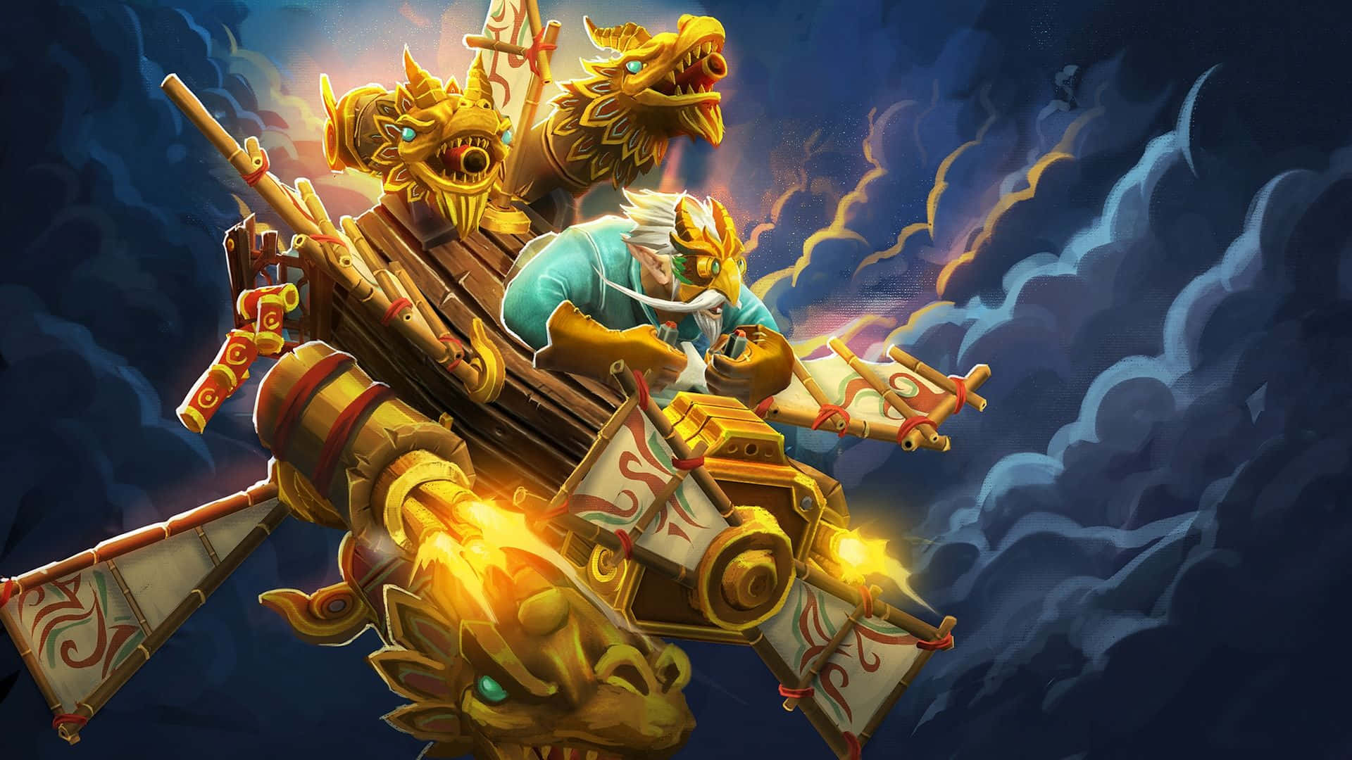 Dota, Gyrocopter, golden dragon-headed boat, Full HD Desktop Wallpaper