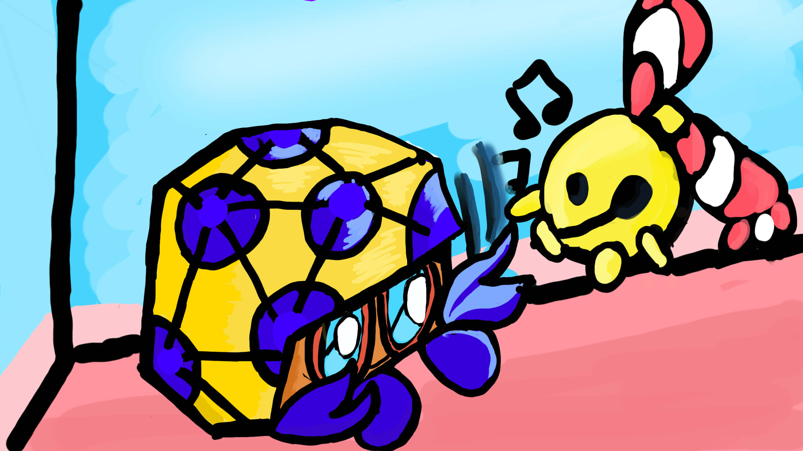 Dottler, yellow and blue cube character, big eyes, 2K Desktop Wallpaper