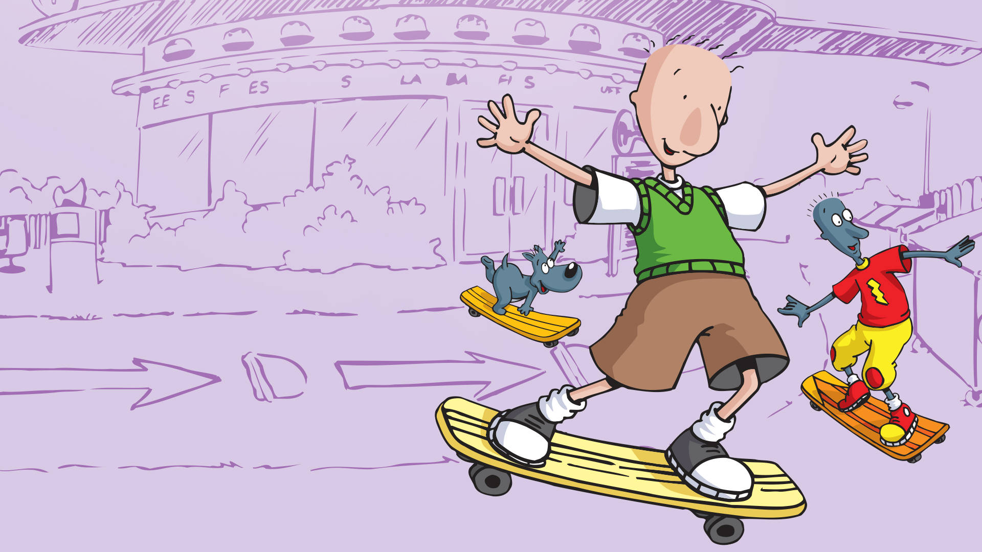 Doug, skateboard, purple street, Full HD Desktop Wallpaper