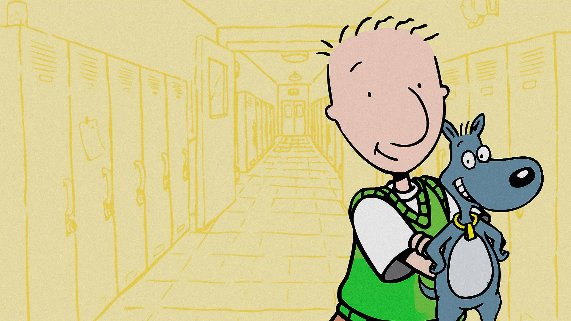 Doug, Porkchop, yellow school hallway, Full HD Desktop Wallpaper