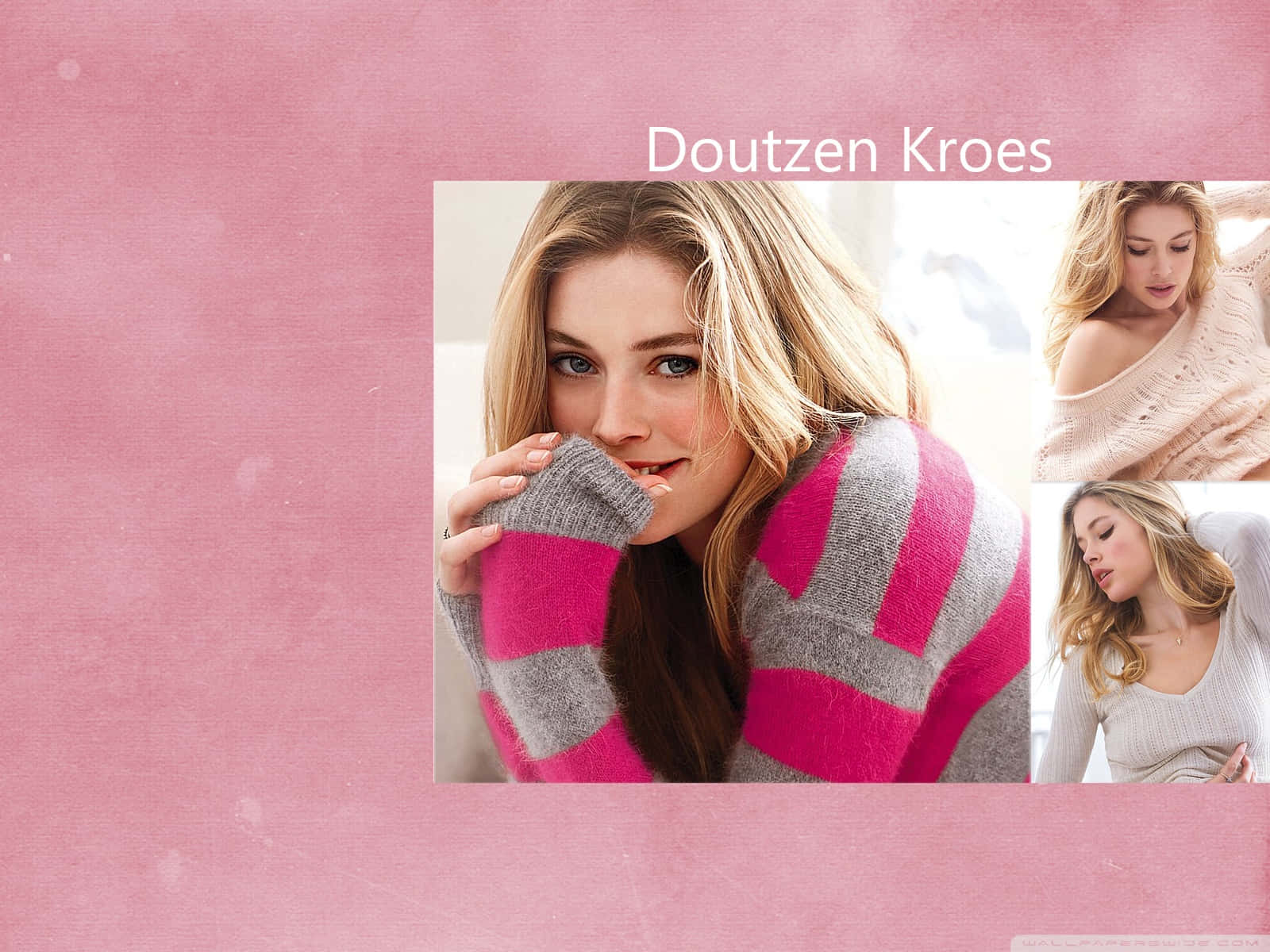 Doutzen Kroes, pink and gray striped sweater, blonde hair, HD Desktop Wallpaper