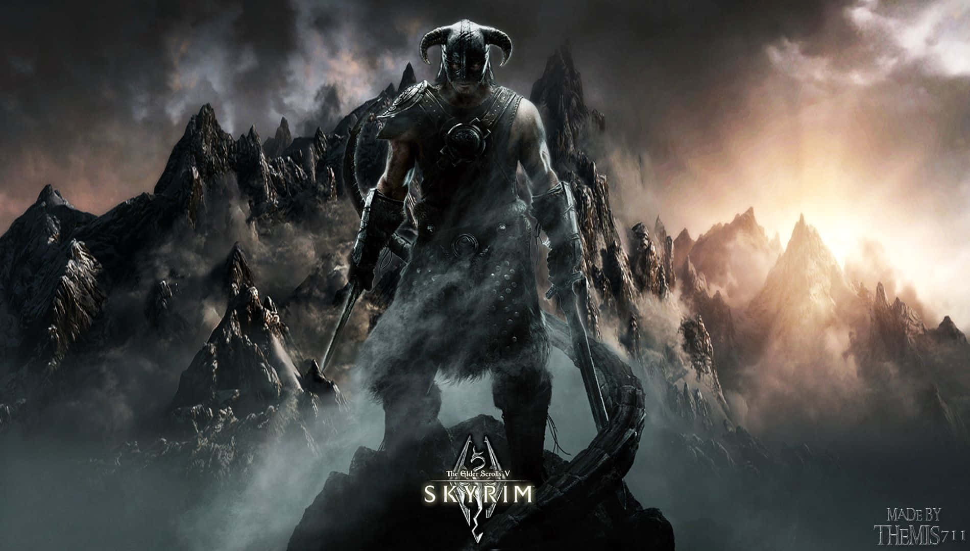 Dovahkiin, horned armored warrior, misty mountain peak, HD Desktop Wallpaper