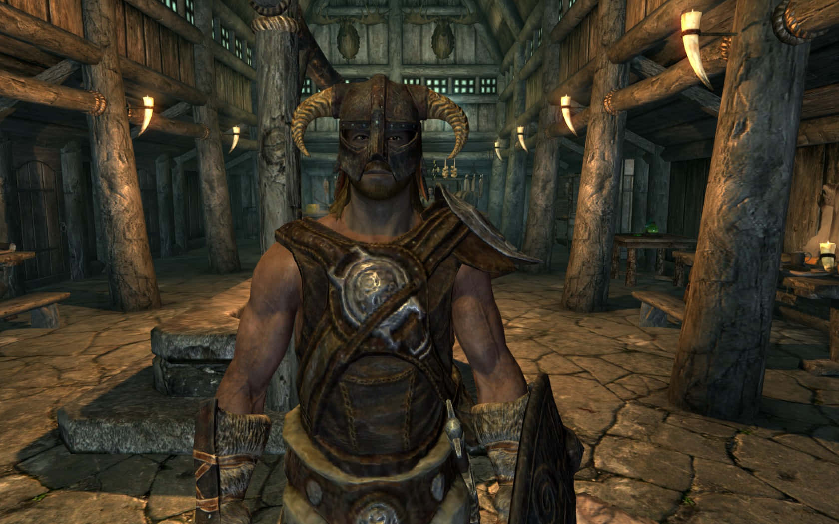Dovahkiin, horned masked warrior, leather armor, HD Desktop Wallpaper