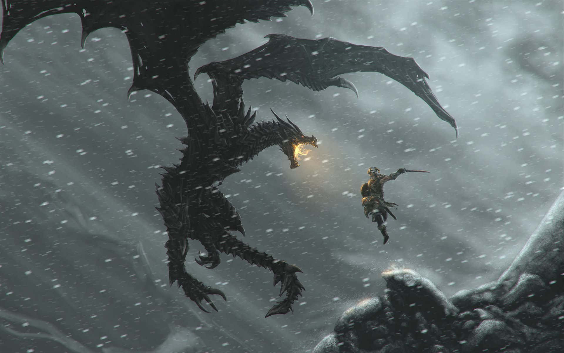 Dovahkiin, black dragon, blizzard, Full HD Desktop Wallpaper