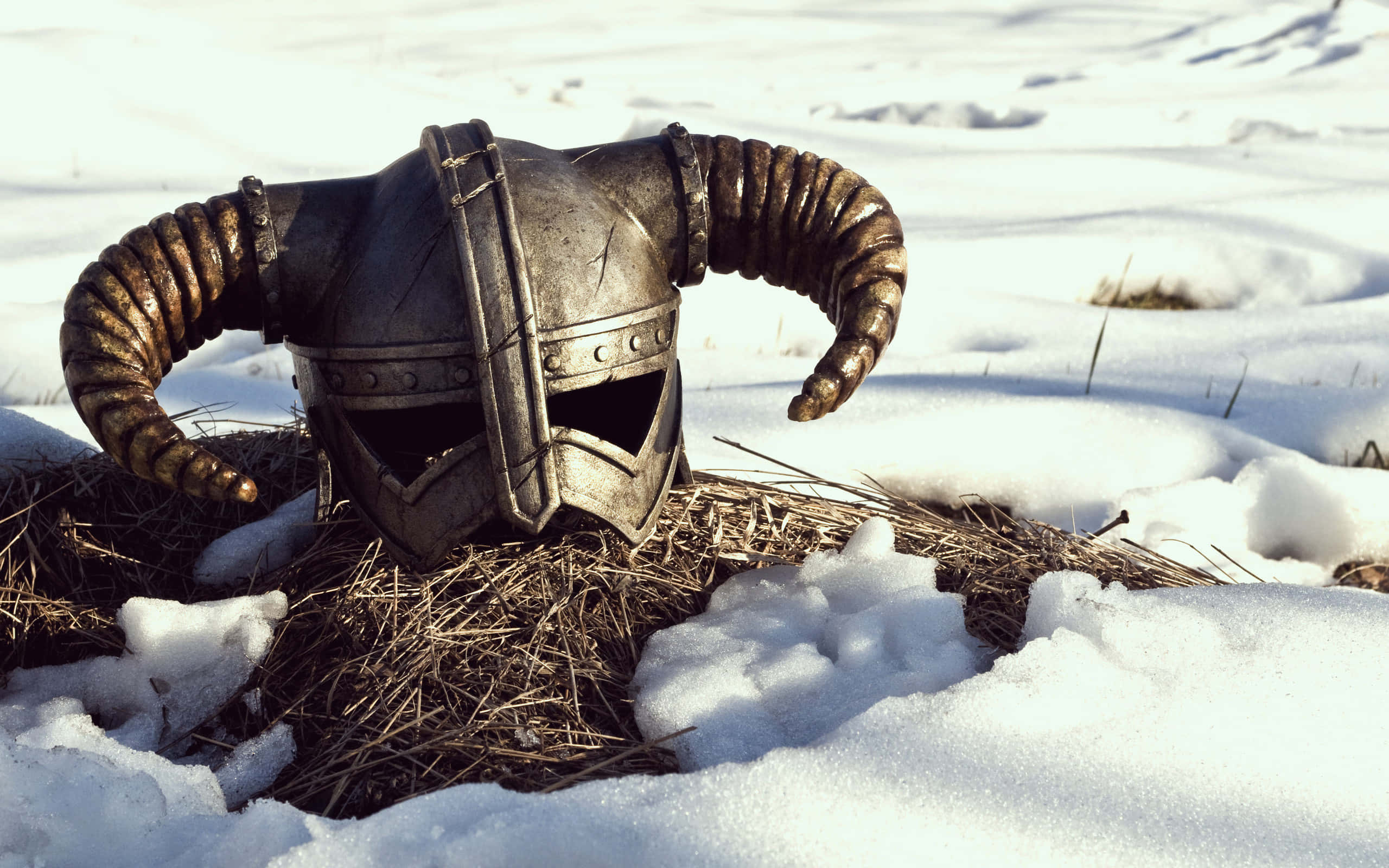 Dovahkiin, horned helmet, hay bale, 2K Desktop Wallpaper