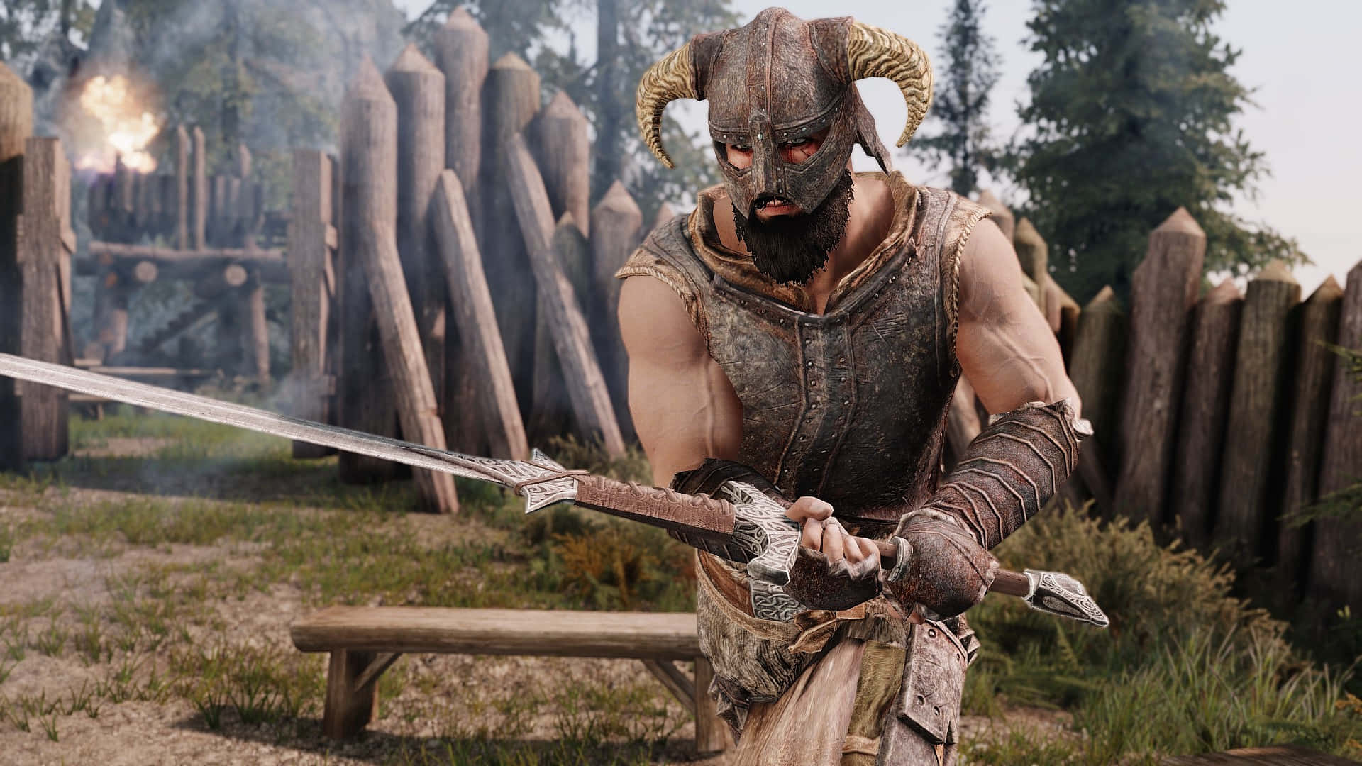 Dovahkiin, wooden fence, forest clearing, Full HD Desktop Wallpaper